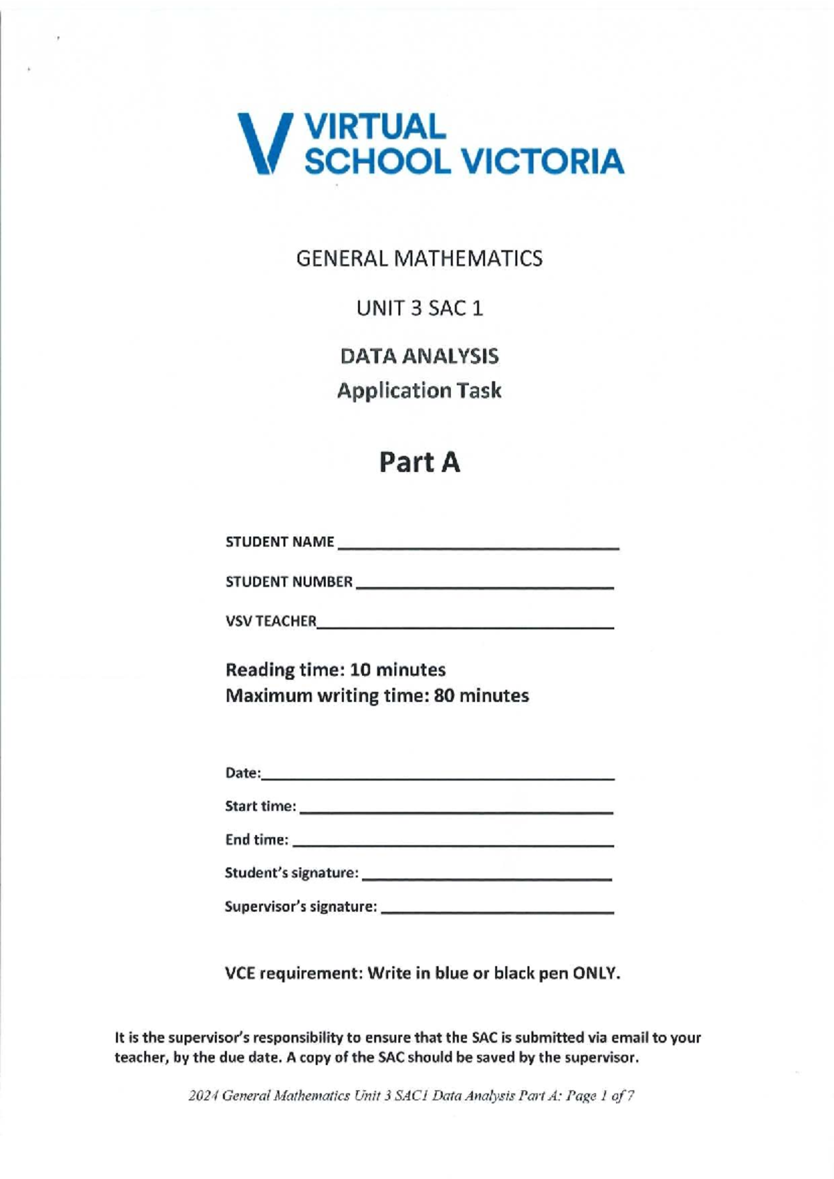 VSV General Mathematics Unit 3 SAC1 Data Analysis Practice 2024 - Studocu