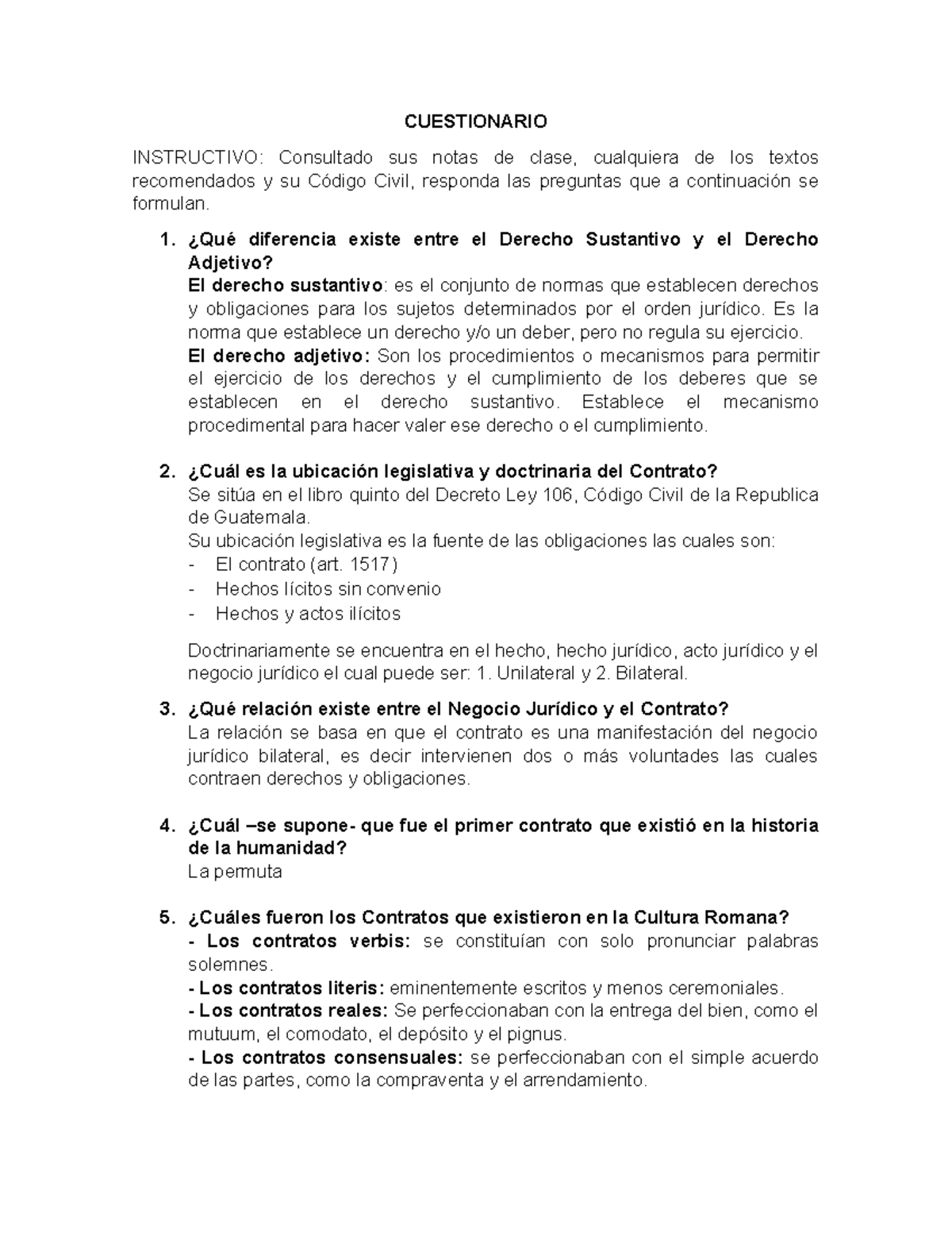 Cuestionario primer parcial: Derecho civil y contratos CUEST 101 - Studocu