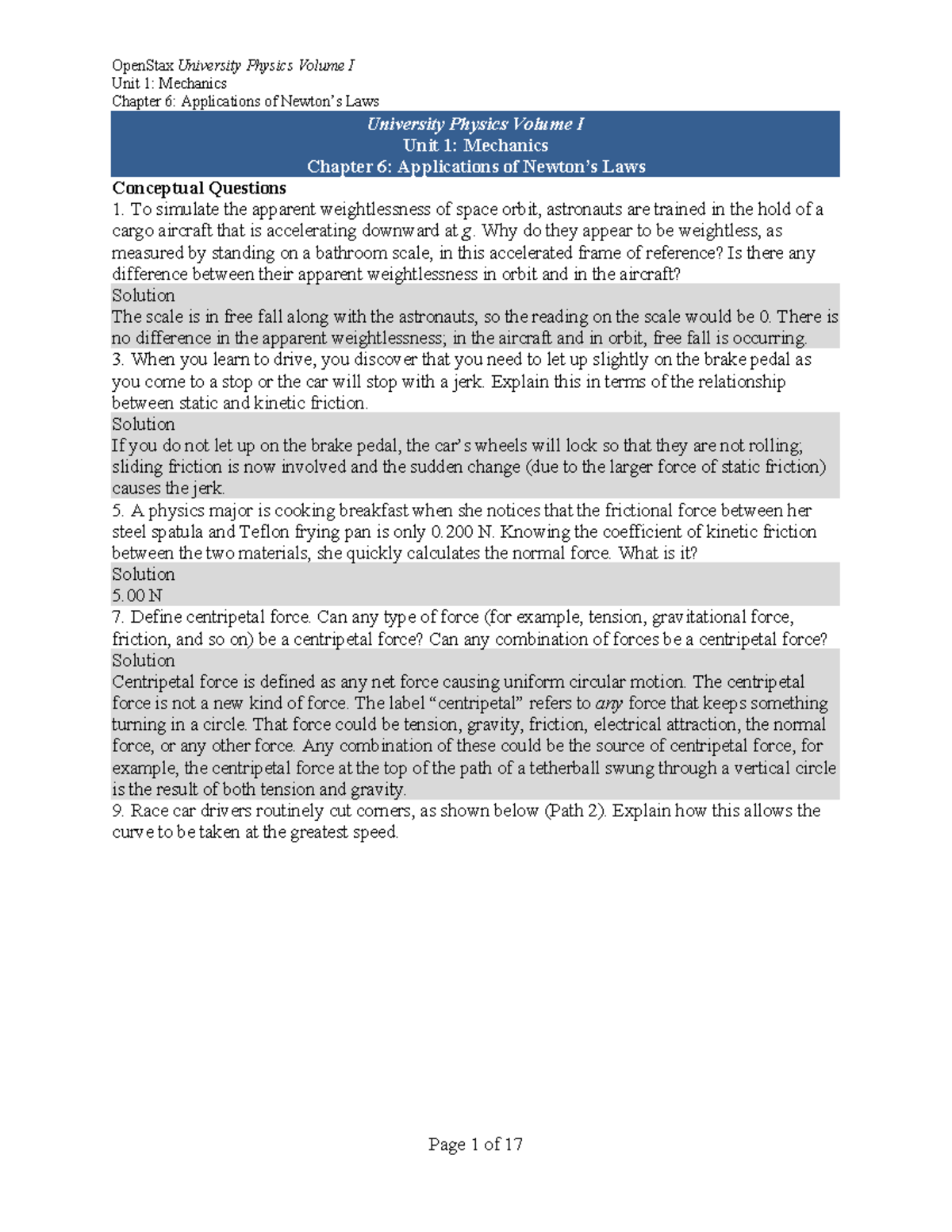 University Physics Volume I Unit 1: Mechanics Chapter 6 - Applications ...