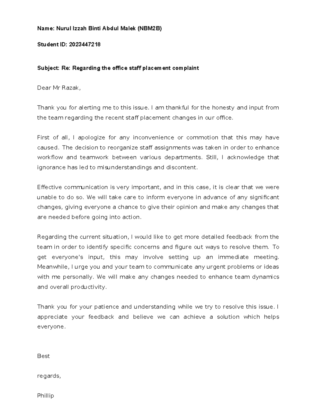 LCC 503 Complaint Response - Addressing Staff Placement Issues - Studocu