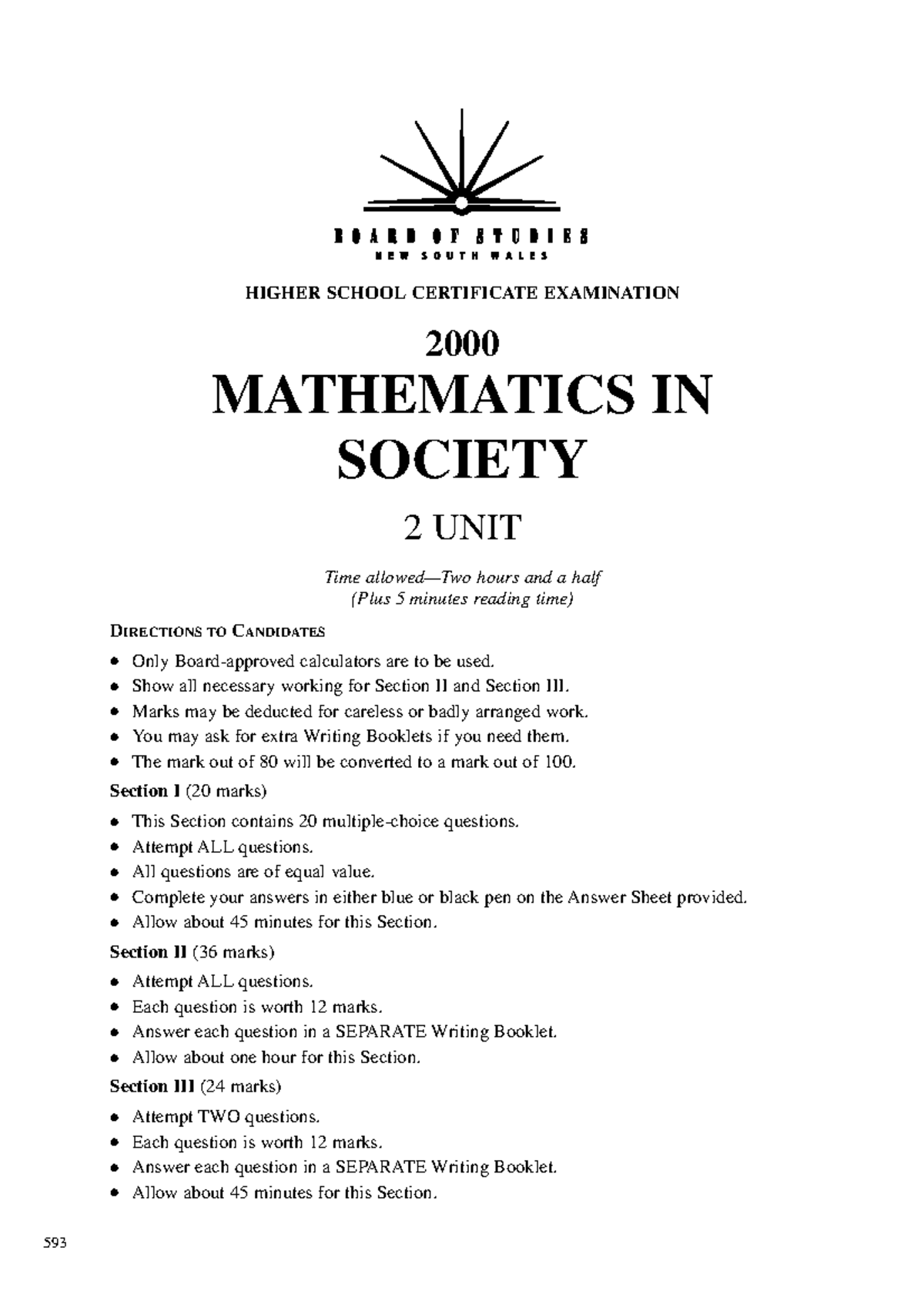 Mi S 2000 - HSC Mathematics in Society 2 Unit Past Exam Paper - Studocu
