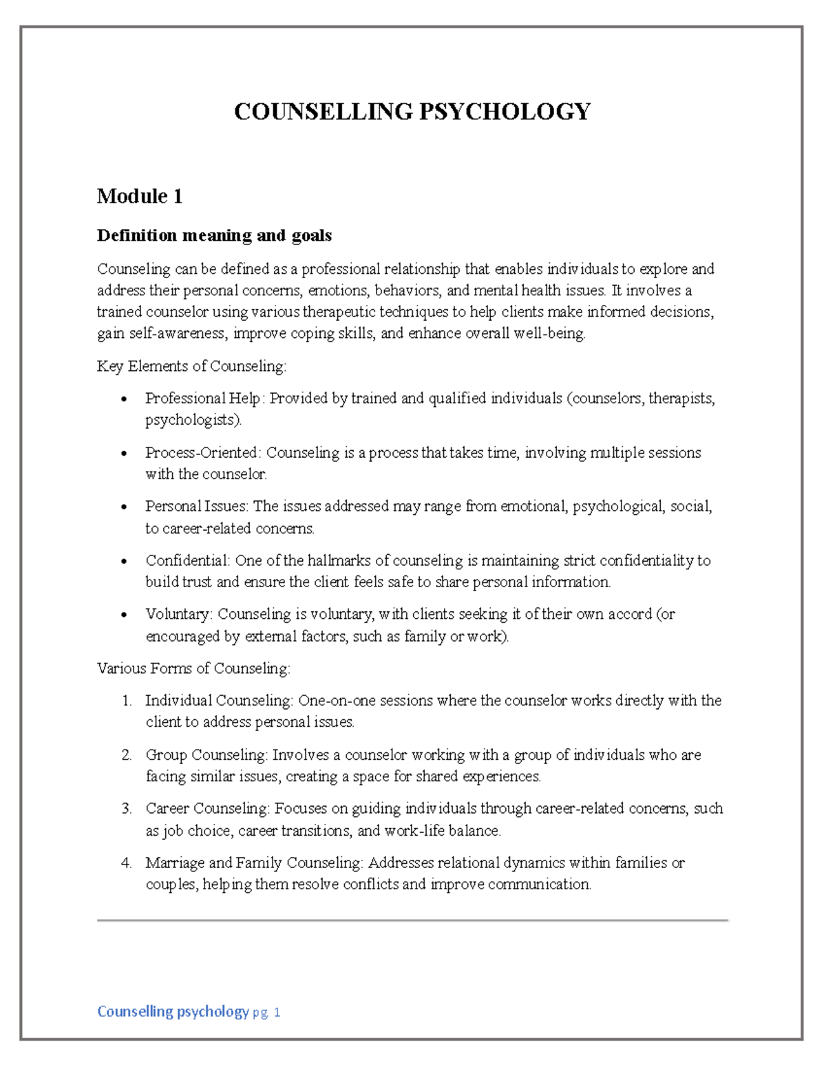 COUNSELLING PSYCHOLOGY Module 1: Definitions, Goals, and Key Elements ...