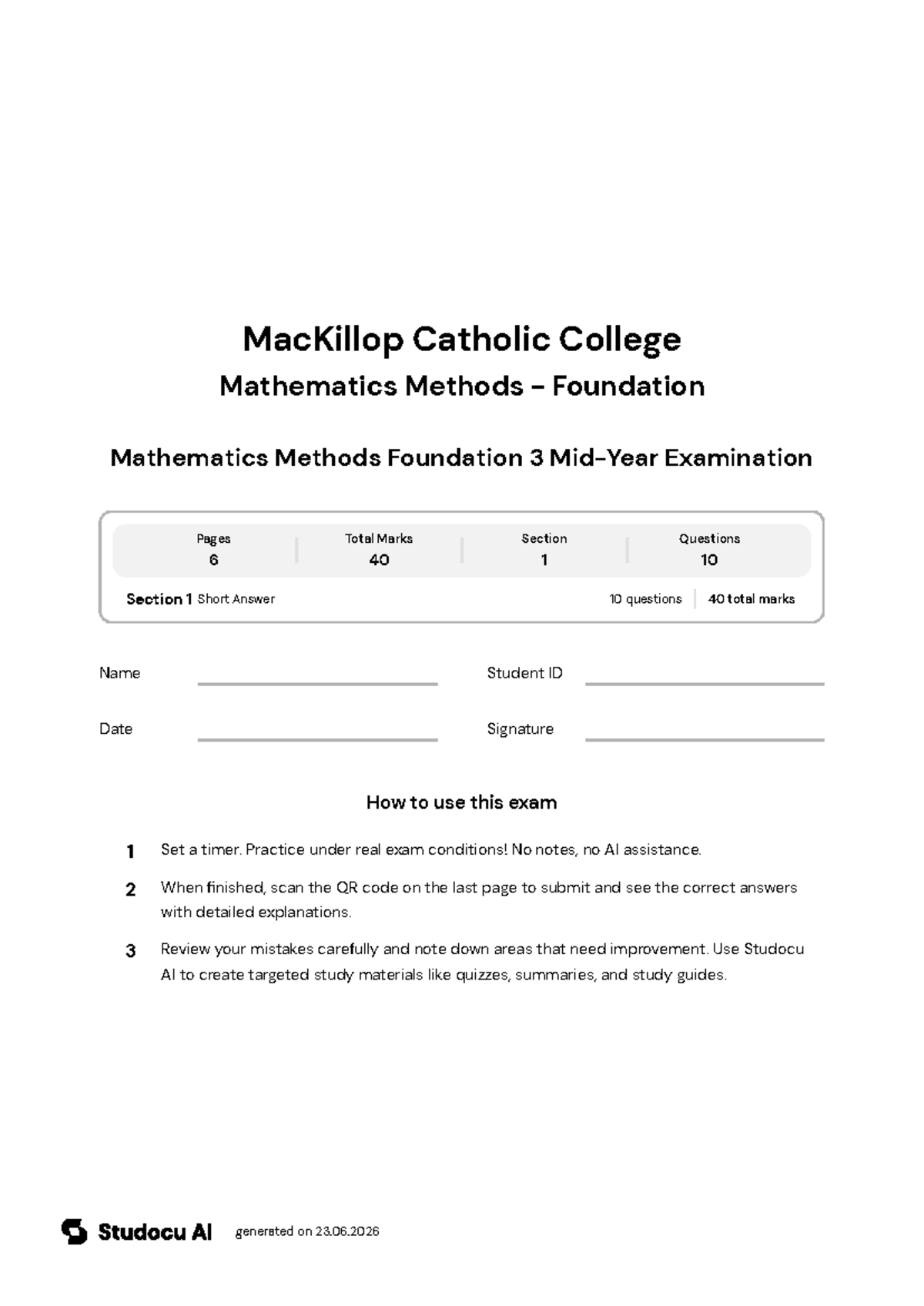 Mathematics Methods Foundation 3 Mid-Year Exam - Studocu