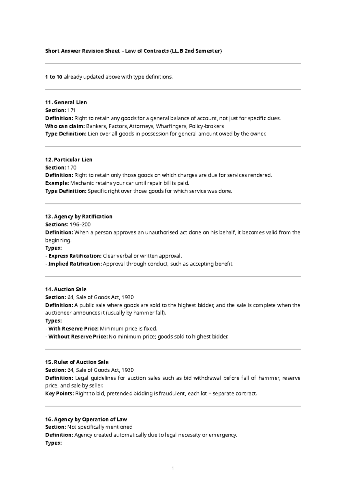 Contract Law Short Answers Revision Sheet (LL.B 2nd Sem) - Studocu