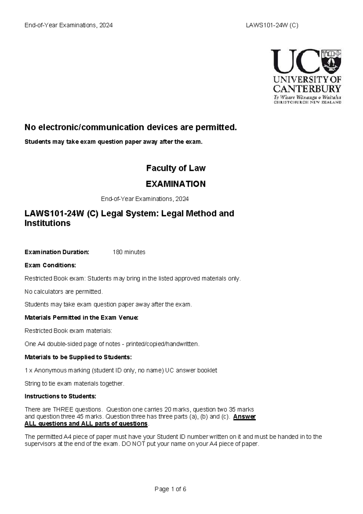 2024 LAWS101 Final Exam: Legal Method & Institutions - Studocu