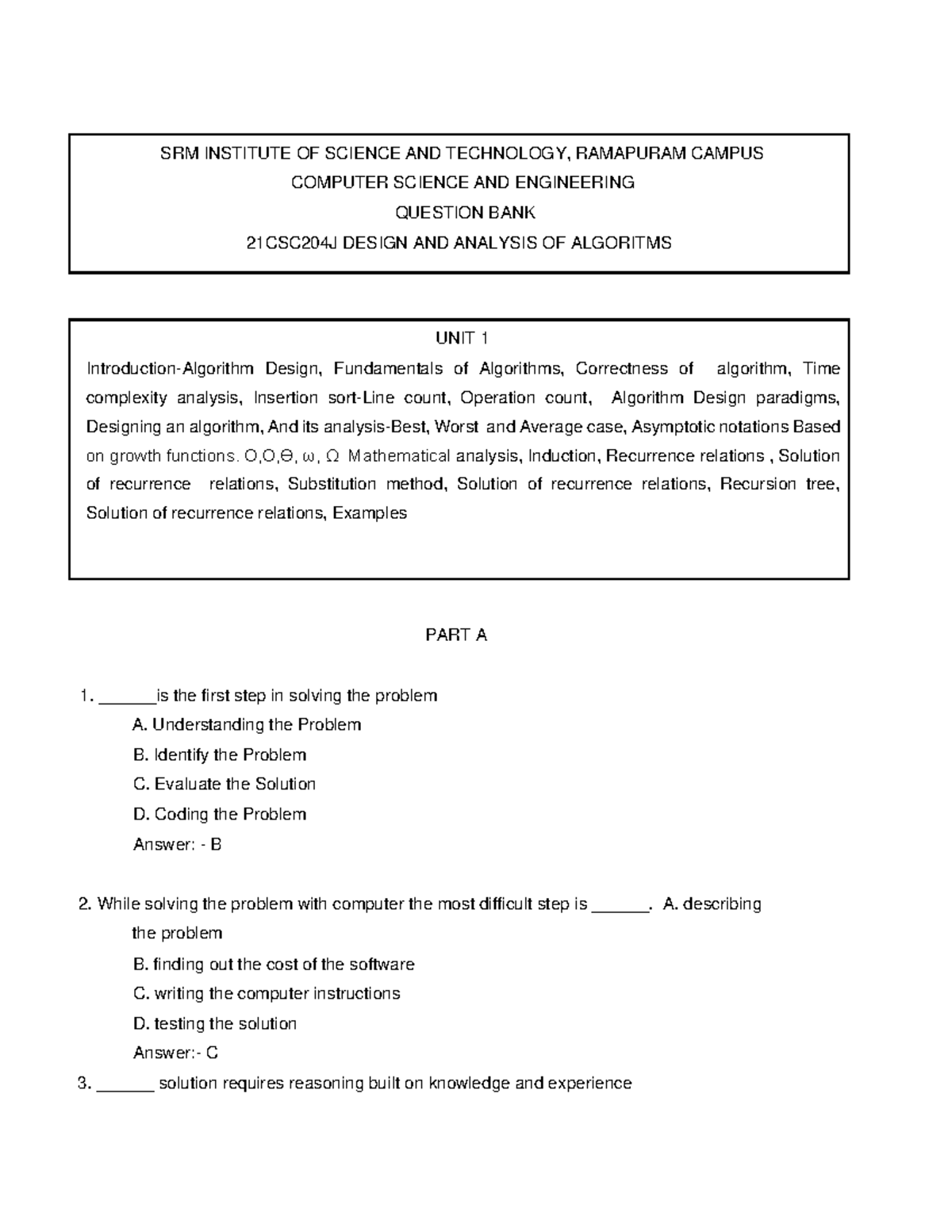 Unit I - DAA Question Bank (21CSC204J) - Studocu