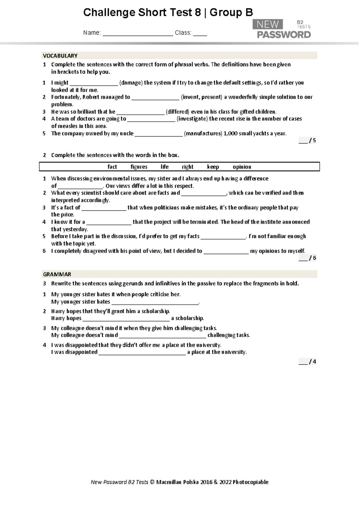 Vocabulary and Grammar Challenge Short Test 8 | Group B B2 CST 8B - Studocu