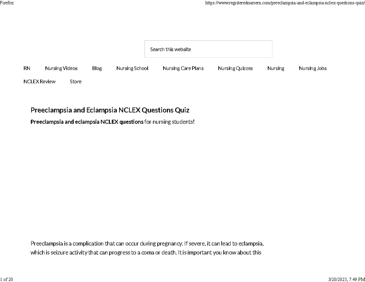 Preeclampsia and Eclampsia NCLEX Quiz for Nursing Students - Studocu