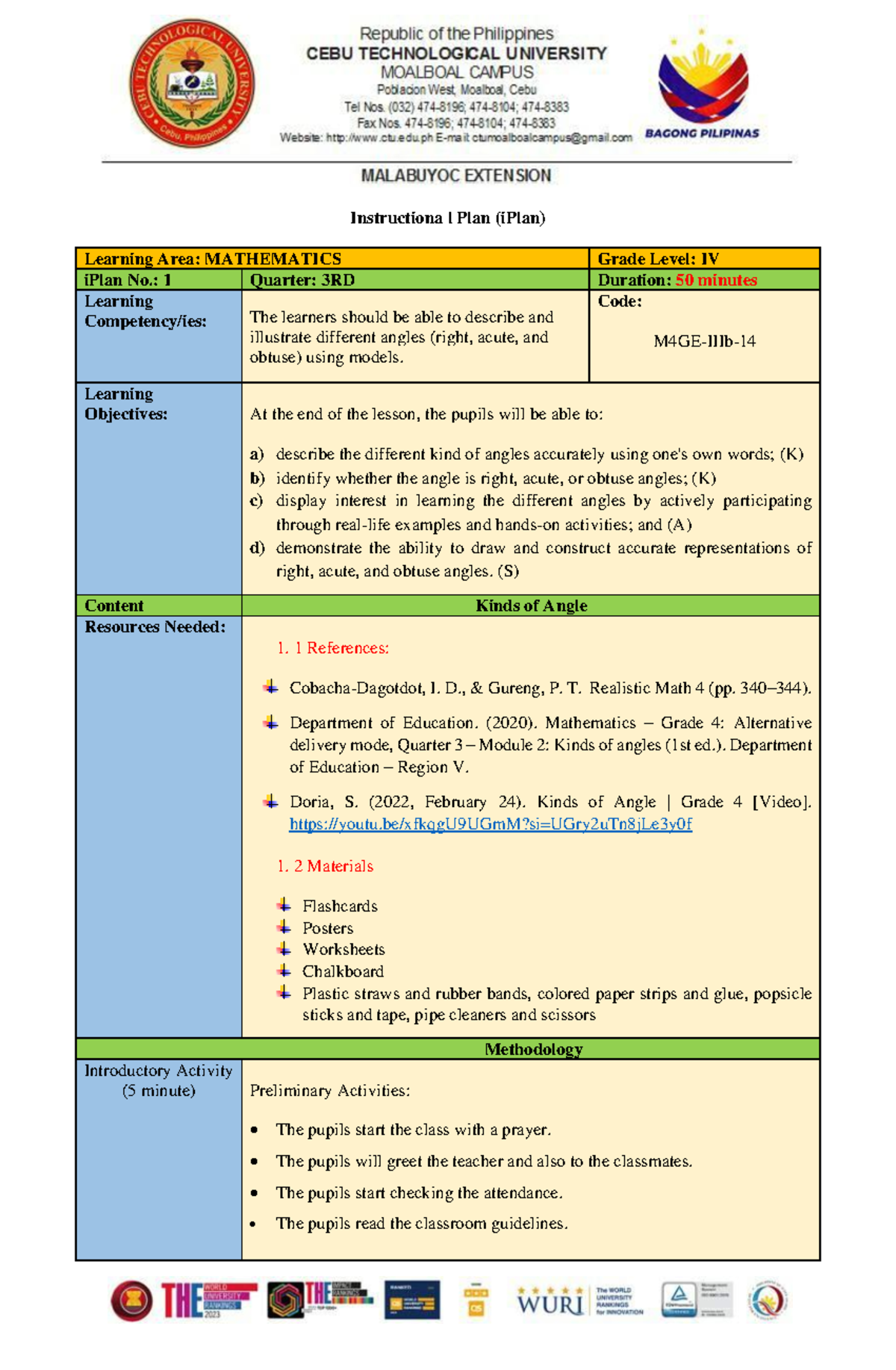 G4 MATH Final iPlan: Exploring Types of Angles for Grade IV - Studocu