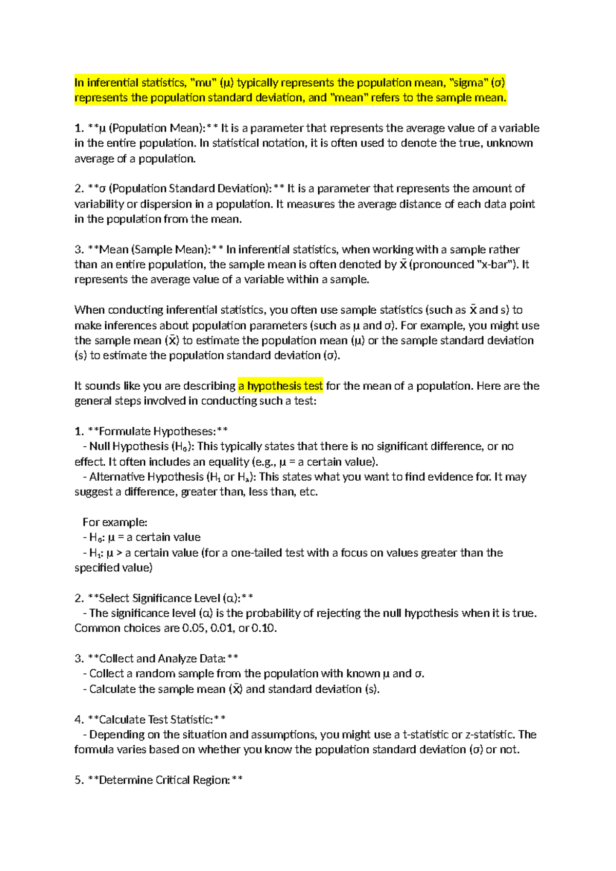 Statistics 101: Basic Definitions and Hypothesis Testing Guide - Studocu