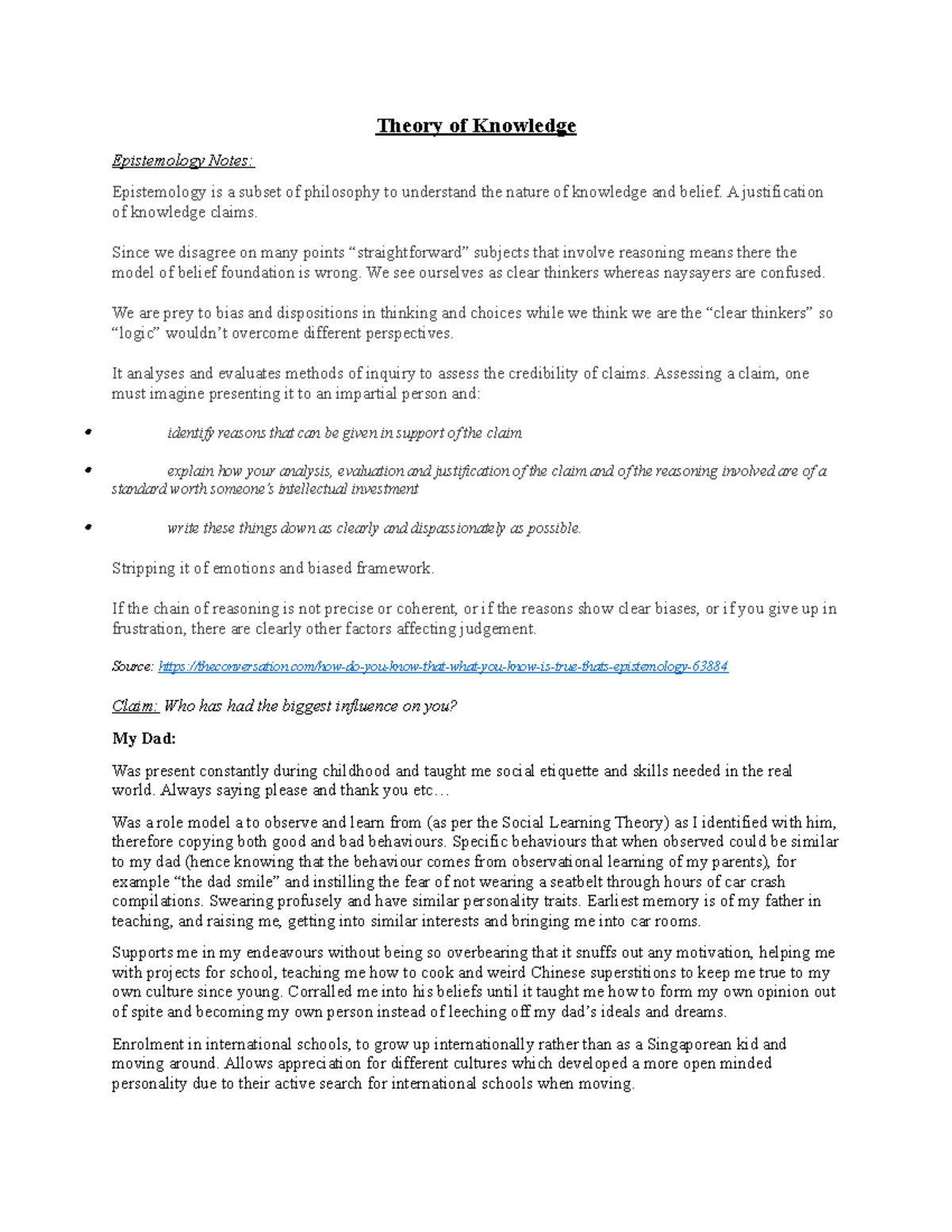TOK Epistemology Notes and Claim - Theory of Knowledge Epistemology ...