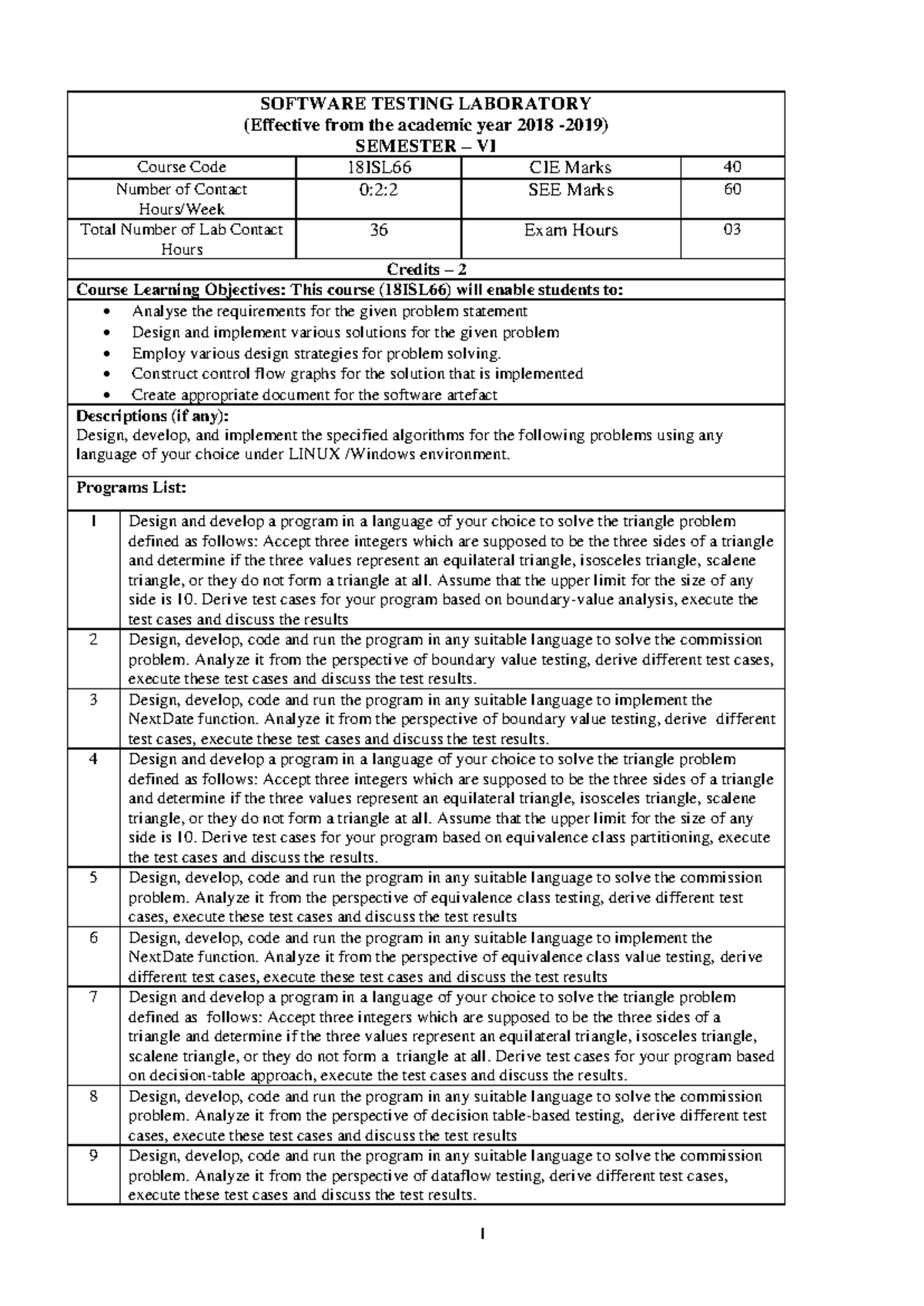 18ISL66 Manual - SOFTWARE TESTING LABORATORY (Effective from the ...