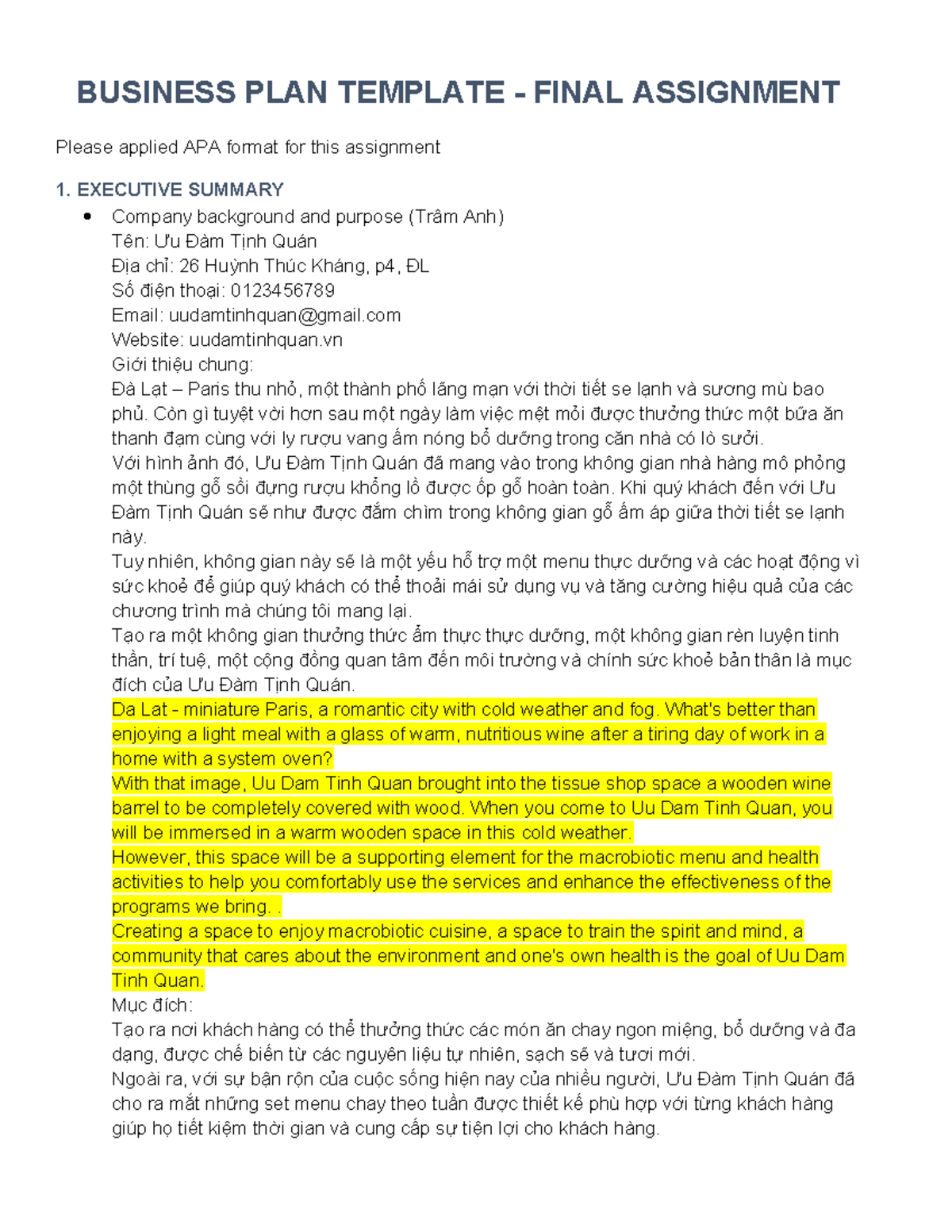 BUS 101: Final Business Plan Template - Uu Dam Tinh Quan - Studocu