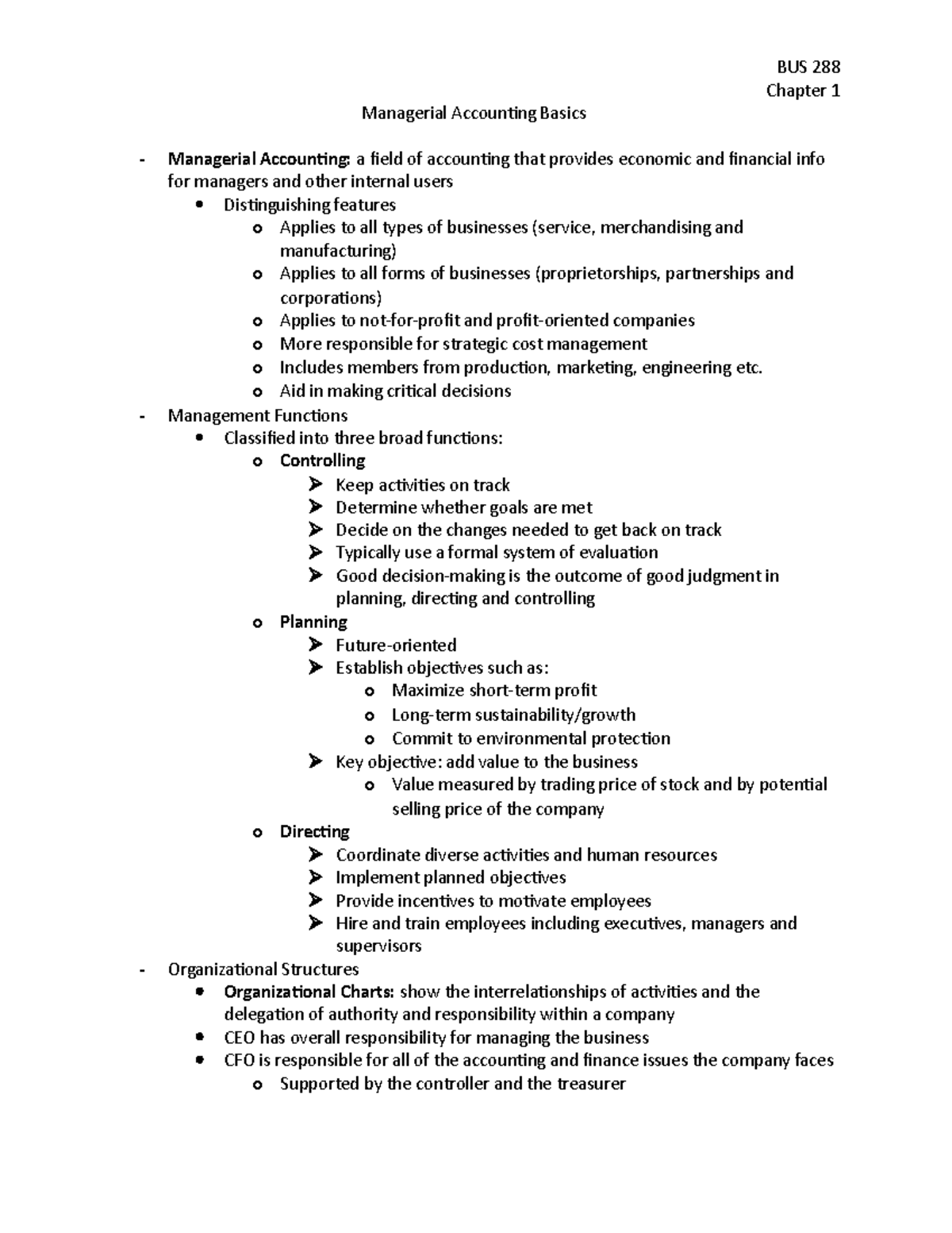 BUS 288 - Chapter 1 Summary: Managerial Accounting Overview and Ethics ...