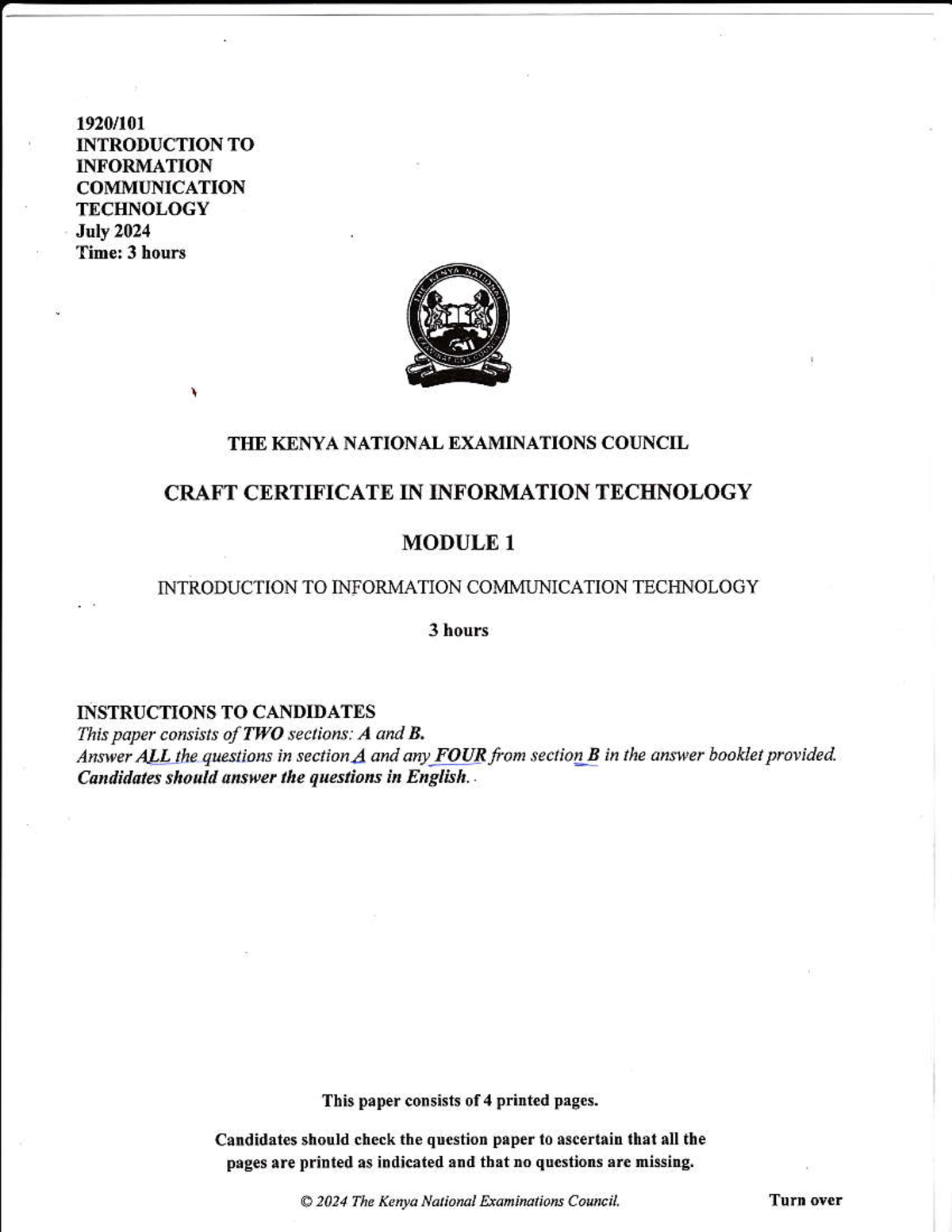 Introduction to ICT - Craft Certificate Mod 1 KNEC July 2024 Exam Guide ...