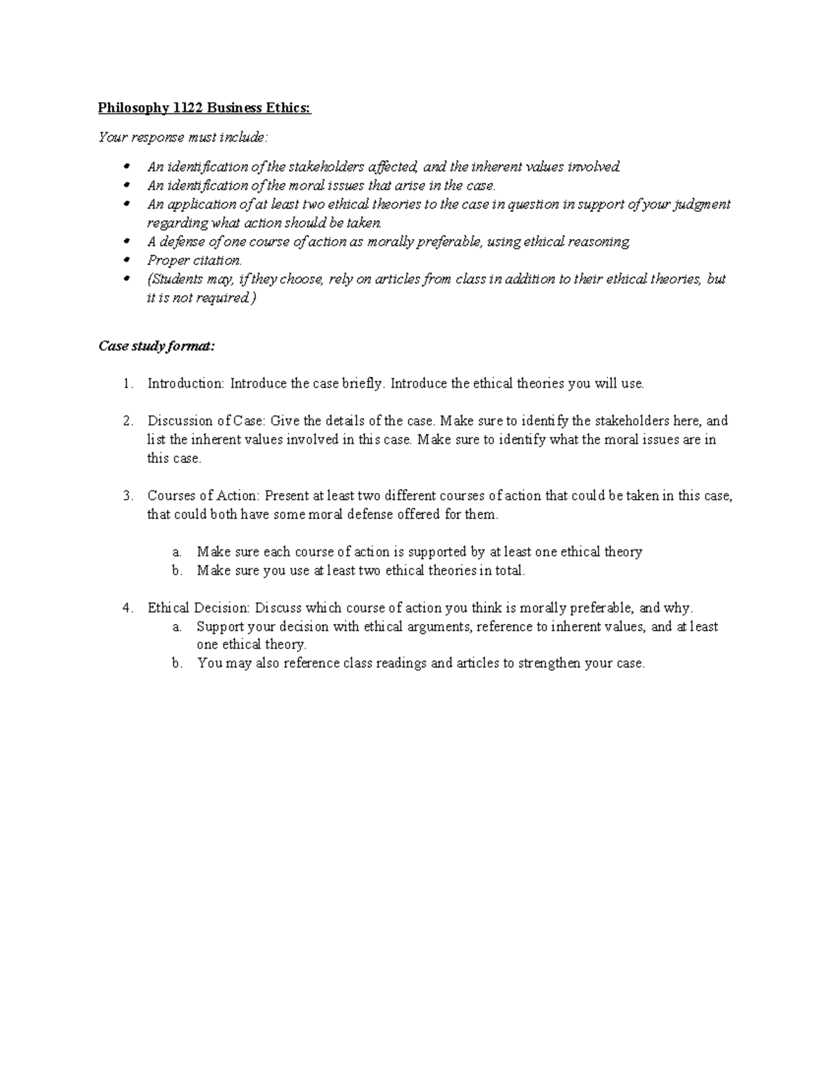 Case Study Guide and Sample - Philosophy 1122 Business Ethics: Your ...