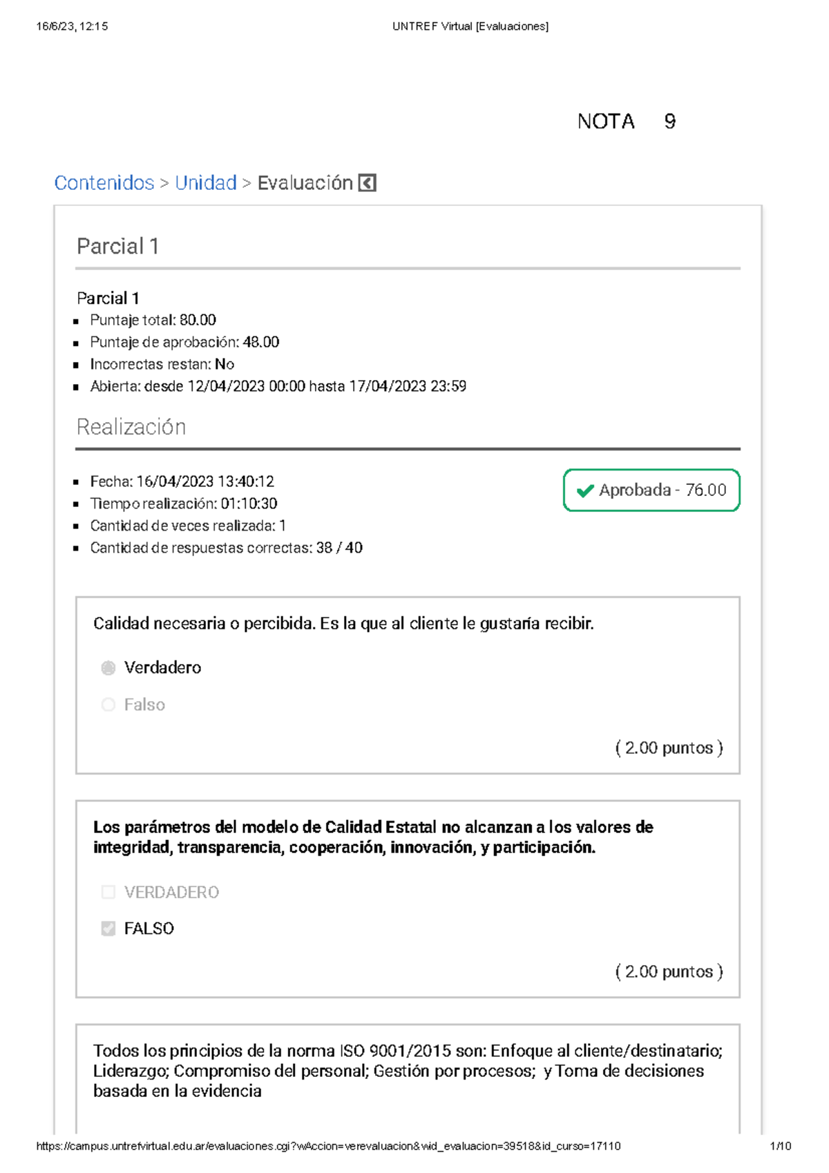 12:15 UNTREF Virtual Evaluación Parcial 1 - Calidad 2023 Nota 9 - Studocu