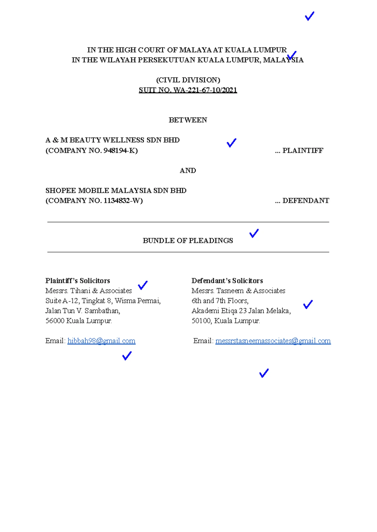 Plaintiff's Bundle of Authorities for Suit No. WA-22NCvC-945-11/2024 ...