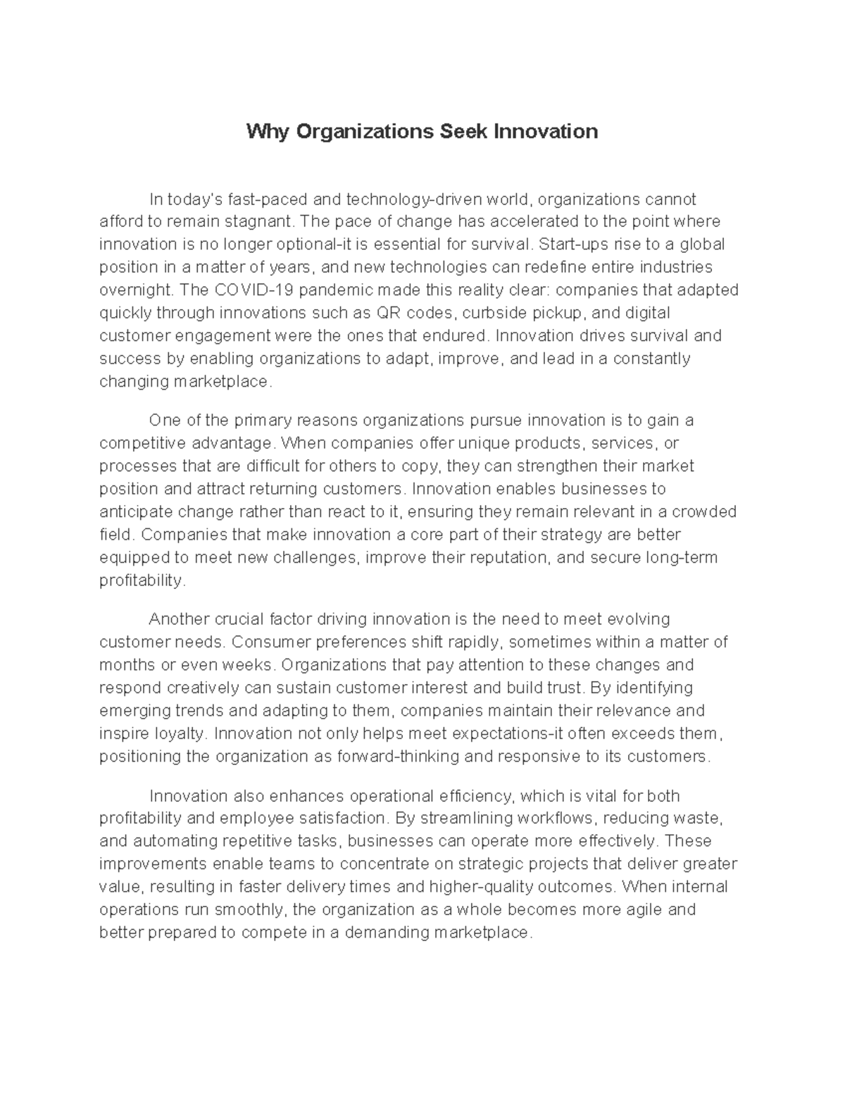 Stu Doc QHT1 Task 3 - The Importance of Innovation for Organizations ...