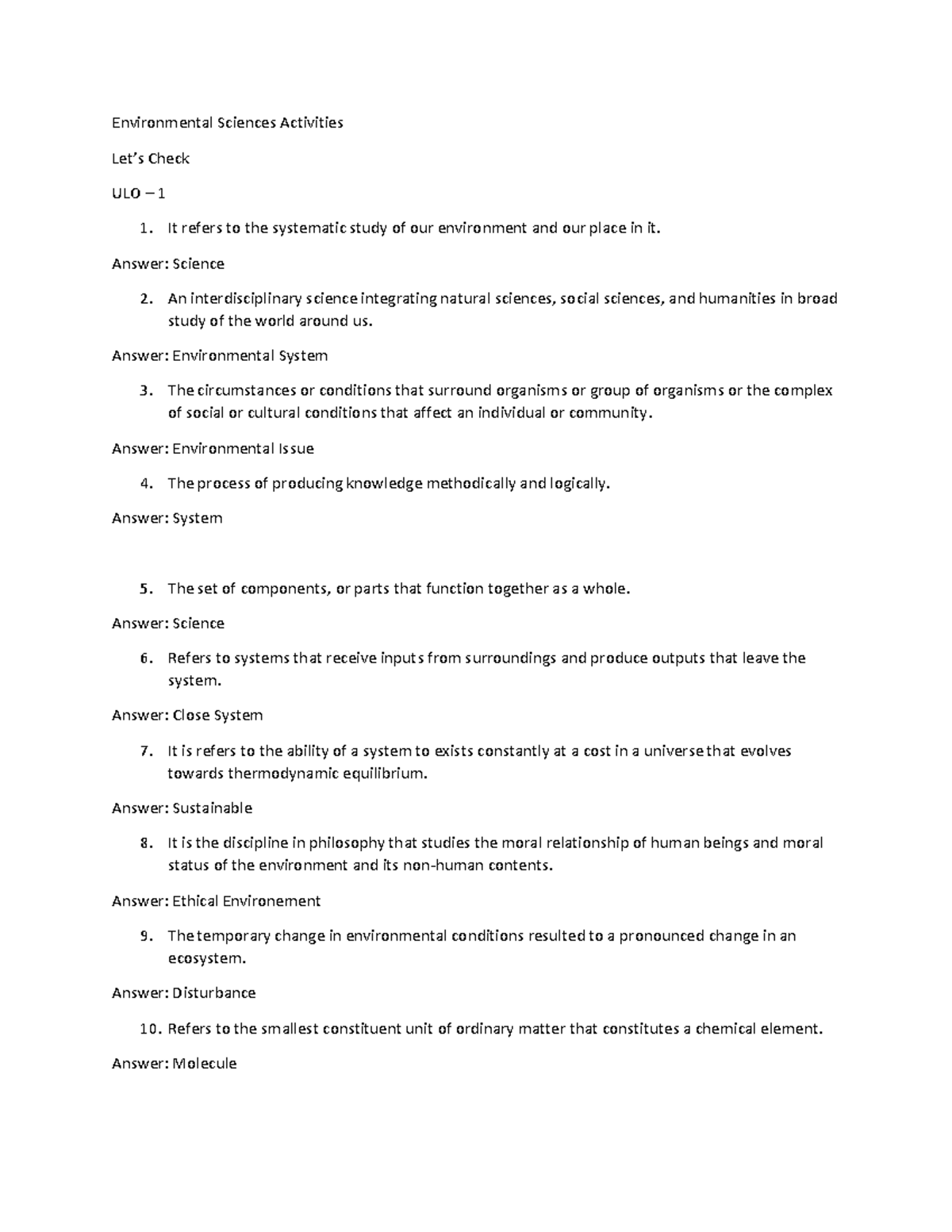 Environmental Sciences ULO 1 Activities and Key Concepts Guide - Studocu