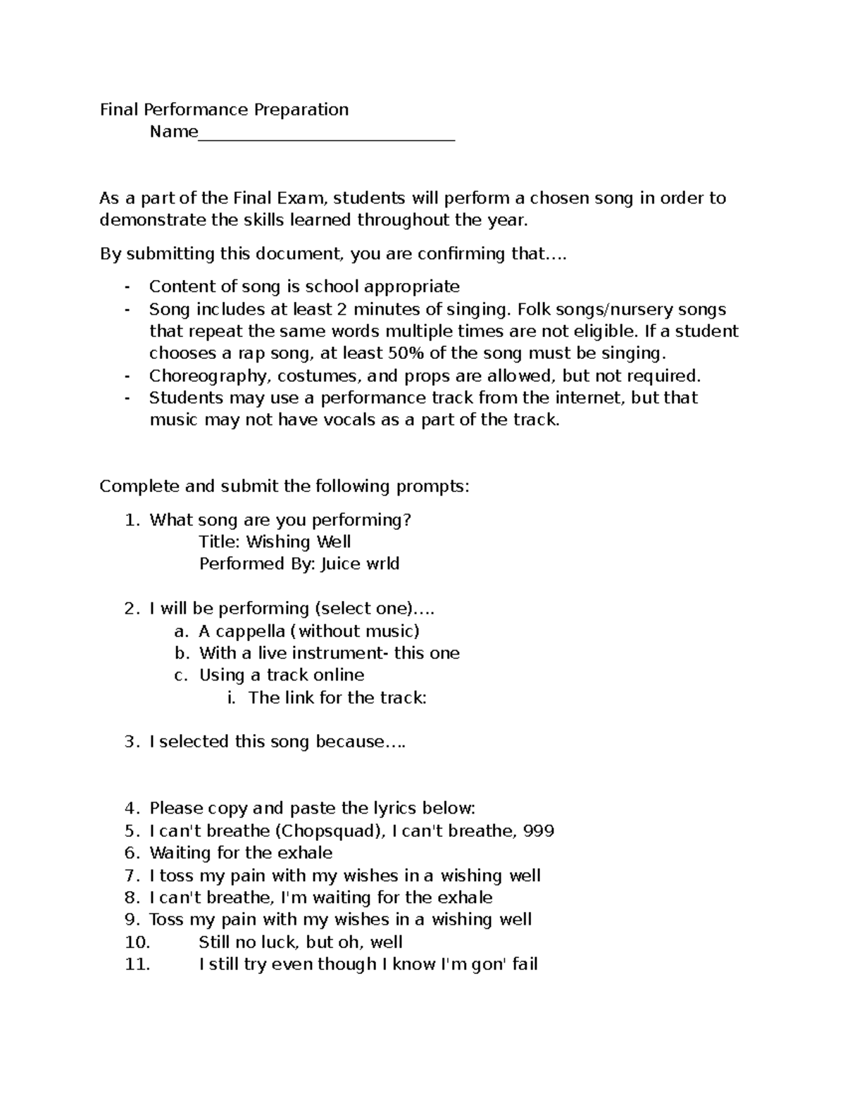 Final Exam Performance Prep Checklist for Song Selection and Execution ...
