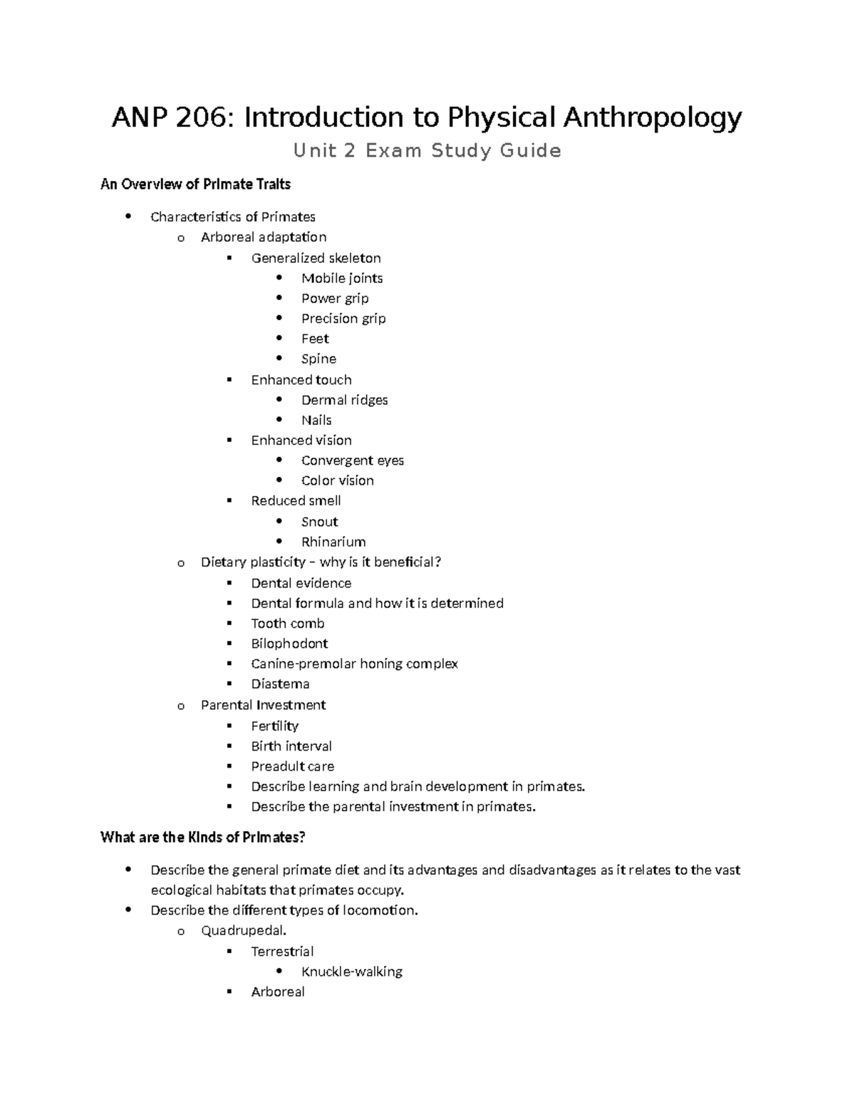 ANP 206: Unit 2 Exam Study Guide on Primate Traits & Behavior - Studocu
