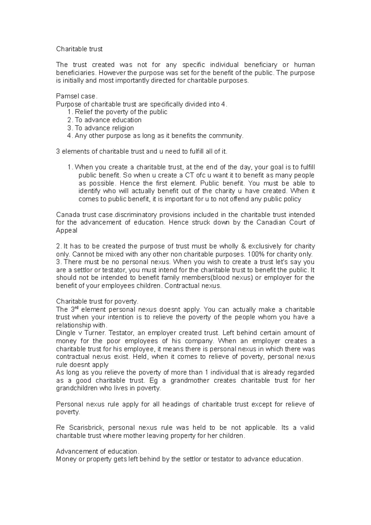 Charitable Trust Overview: Purpose, Elements, and Legal Cases - Studocu