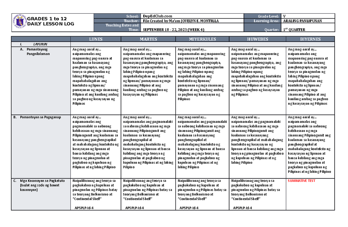 DLL Araling Panlipunan 5 Q1 W4 - GRADES 1 to 12 DAILY LESSON LOG School ...