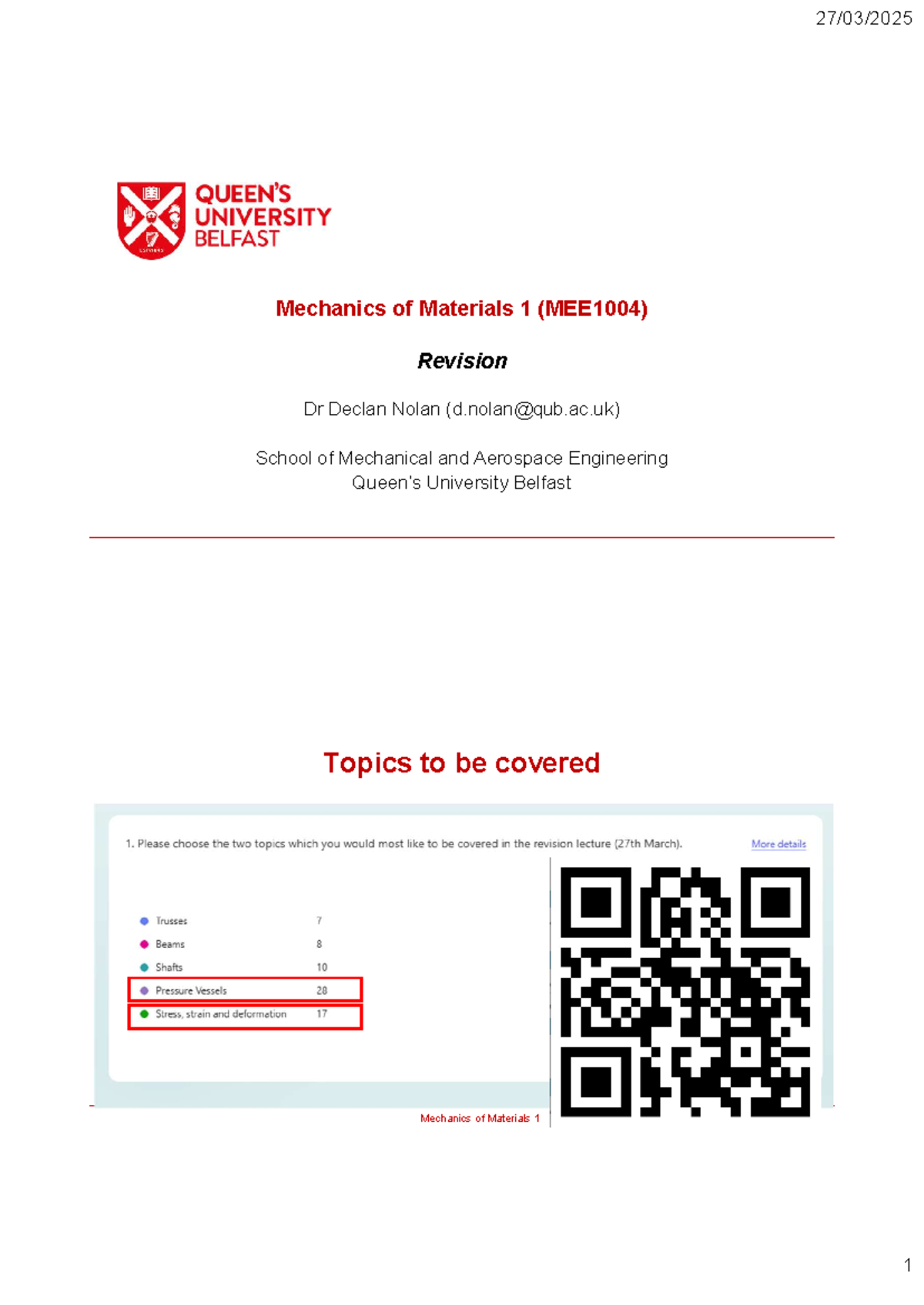 Mechanics of Materials 1 (MEE1004) Revision PPT Study Guide - Studocu