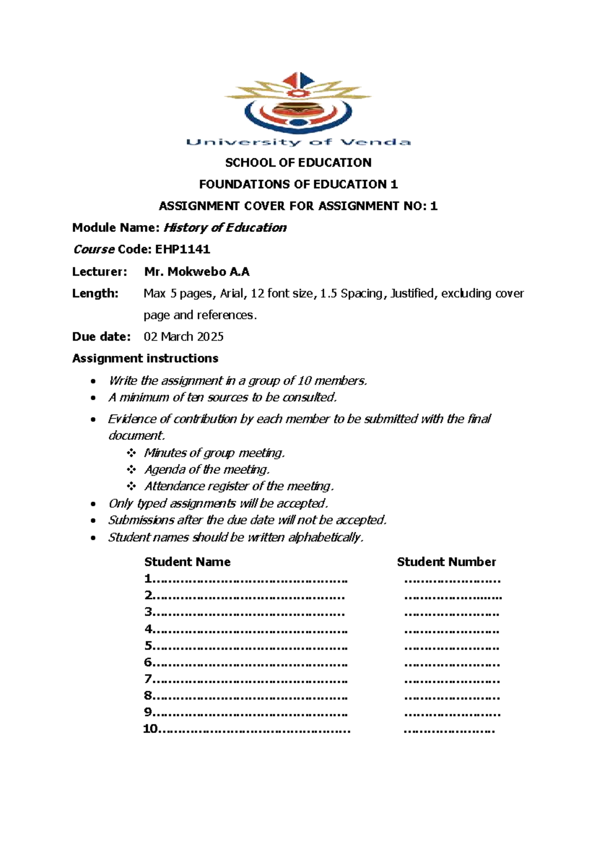 EHP1141 Assignment 1: Group Work on History of Education - Studocu