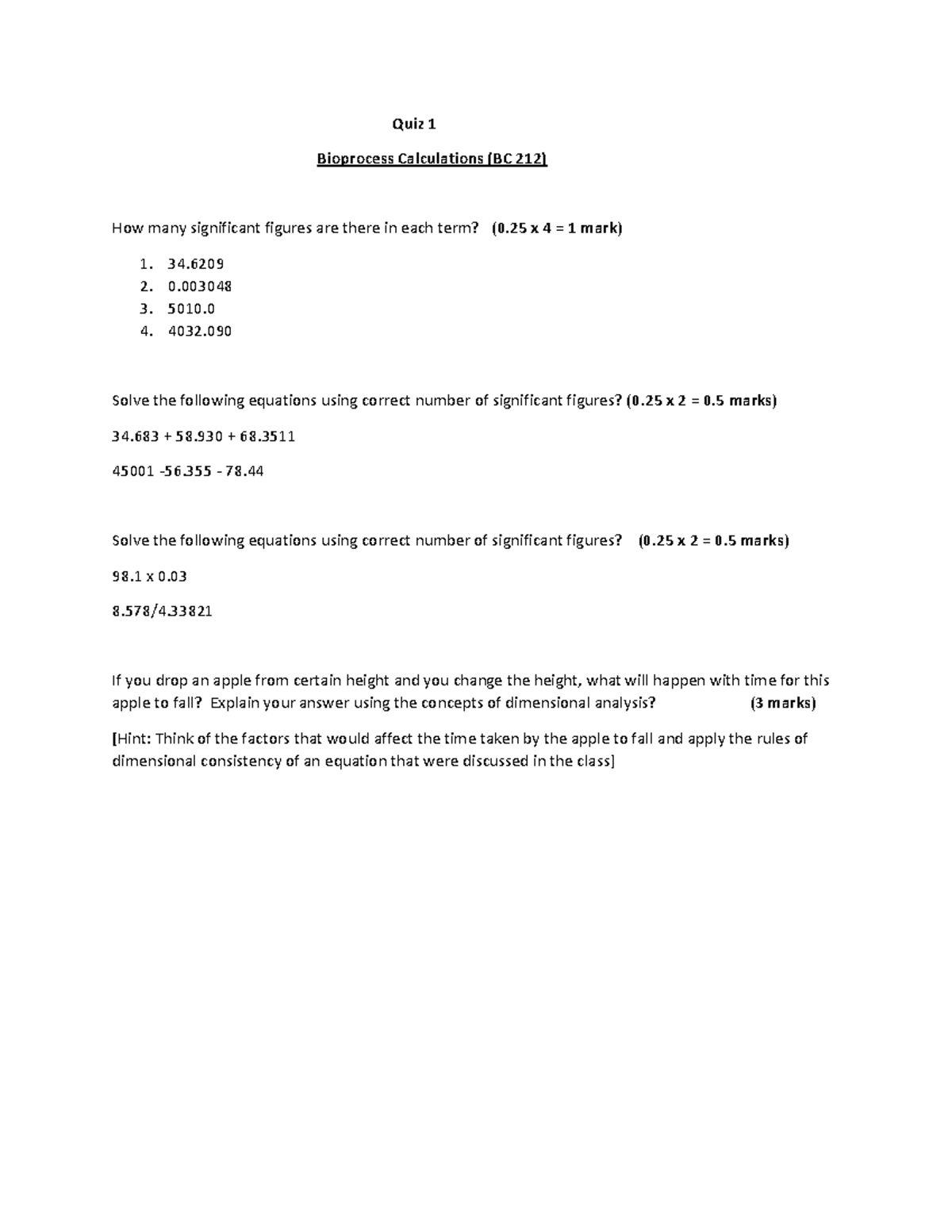 Quiz 1 BC 212 - Significant Figures and Dimensional Analysis - Studocu