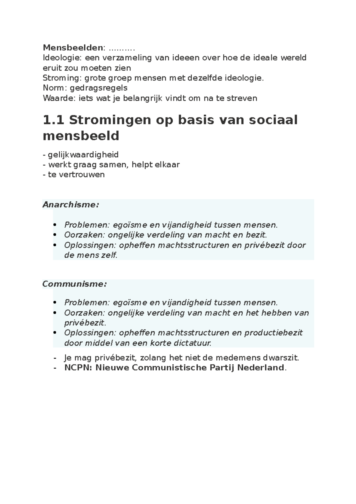 Maatschappijleer Hoofdstuk 1: Samenvatting van Mensbeelden en ...