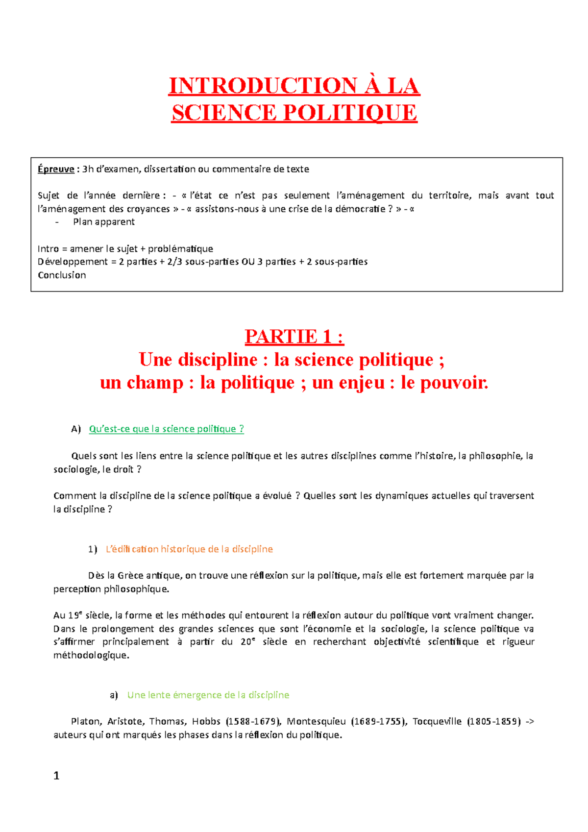 Introduction à la Science Politique L1 - Partie 1 : La Discipline et le ...