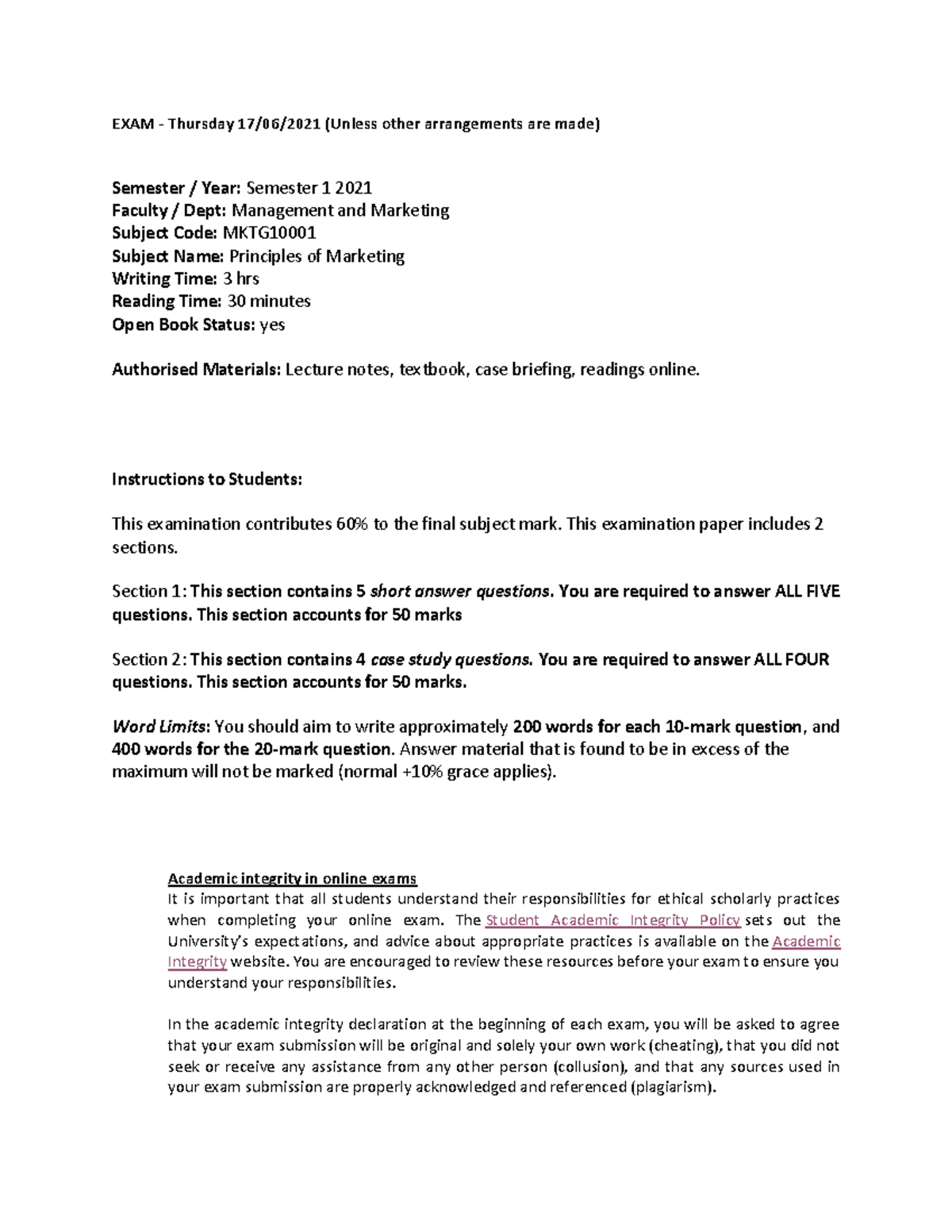 MKTG 2021 Semester 1 Case Study Exam Review and Insights - Studocu