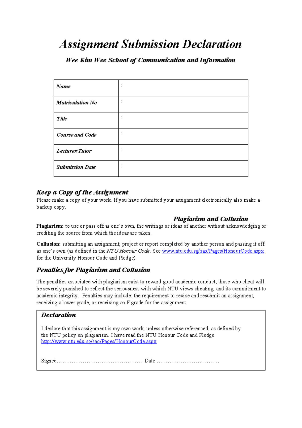 Assignment Submission Declaration for Course Code: [Insert Code] - Studocu