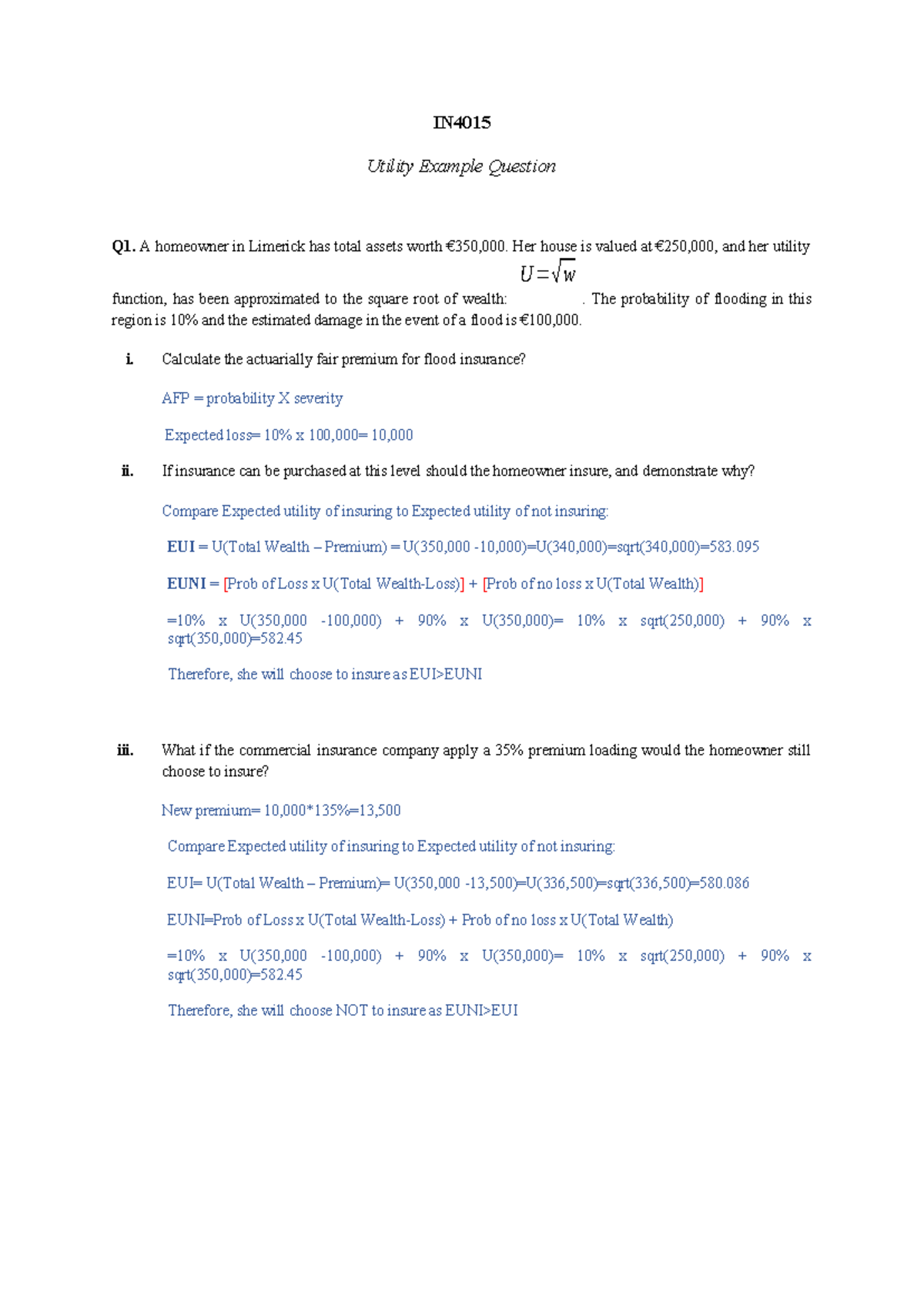 IN4015 Utility Example Question: Flood Insurance Analysis - Studocu