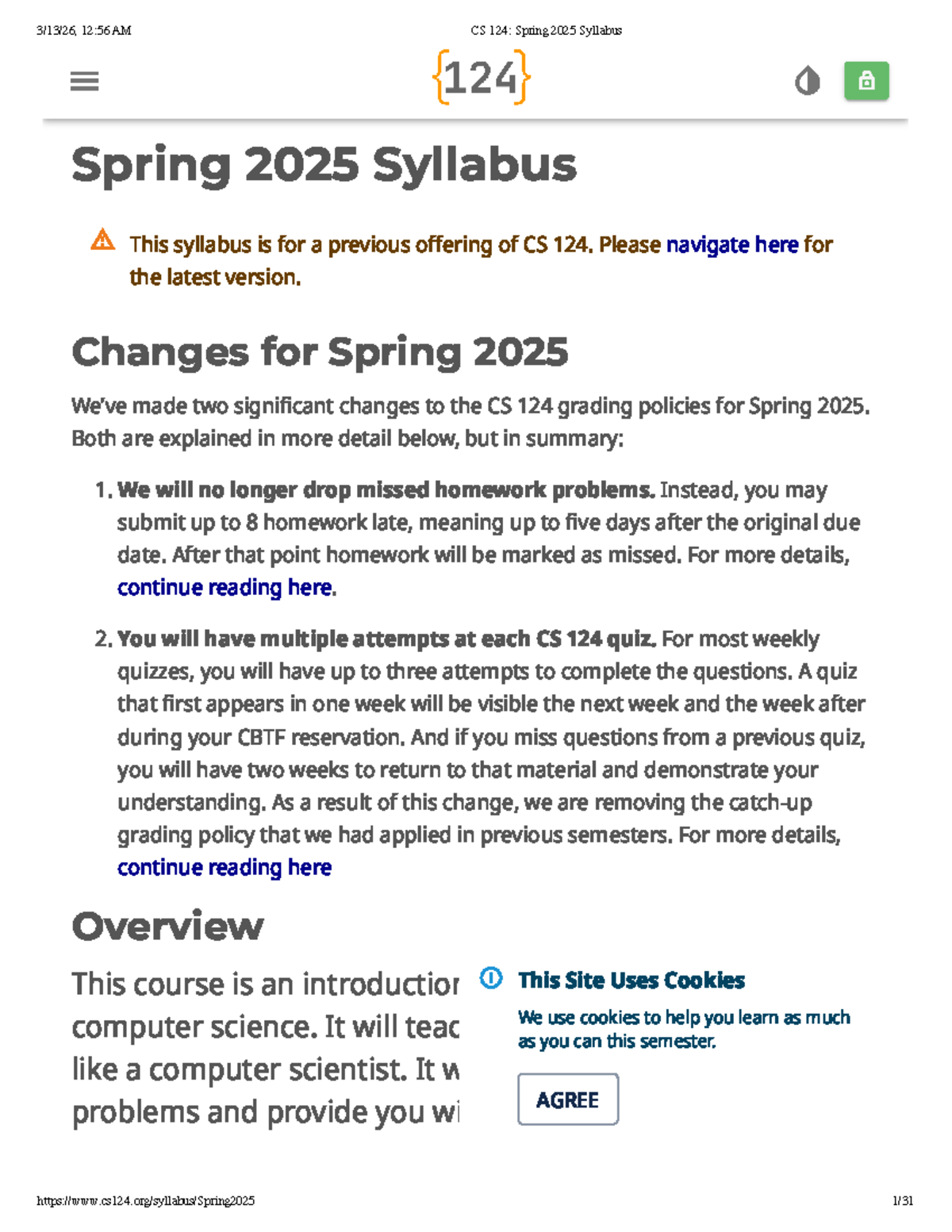 CS 124: Spring 2025 Syllabus and Grading Policy Overview - Studocu