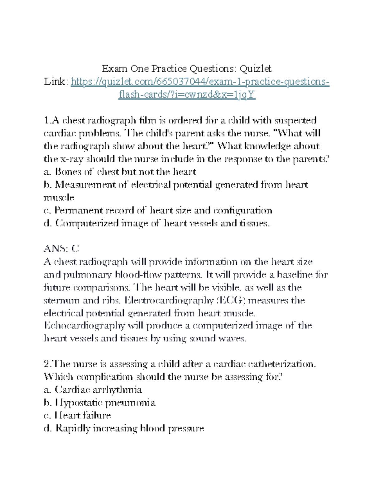 Exam 1 Practice Questions for Pediatric Cardiac Care (NUR 101) - Studocu
