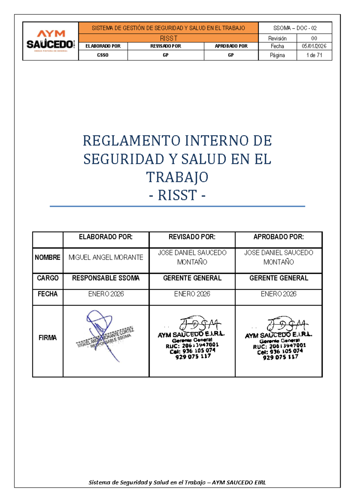 SISTEMA DE GESTIÓN DE SEGURIDAD Y SALUD EN EL TRABAJO SSOMA DOC 02 ...