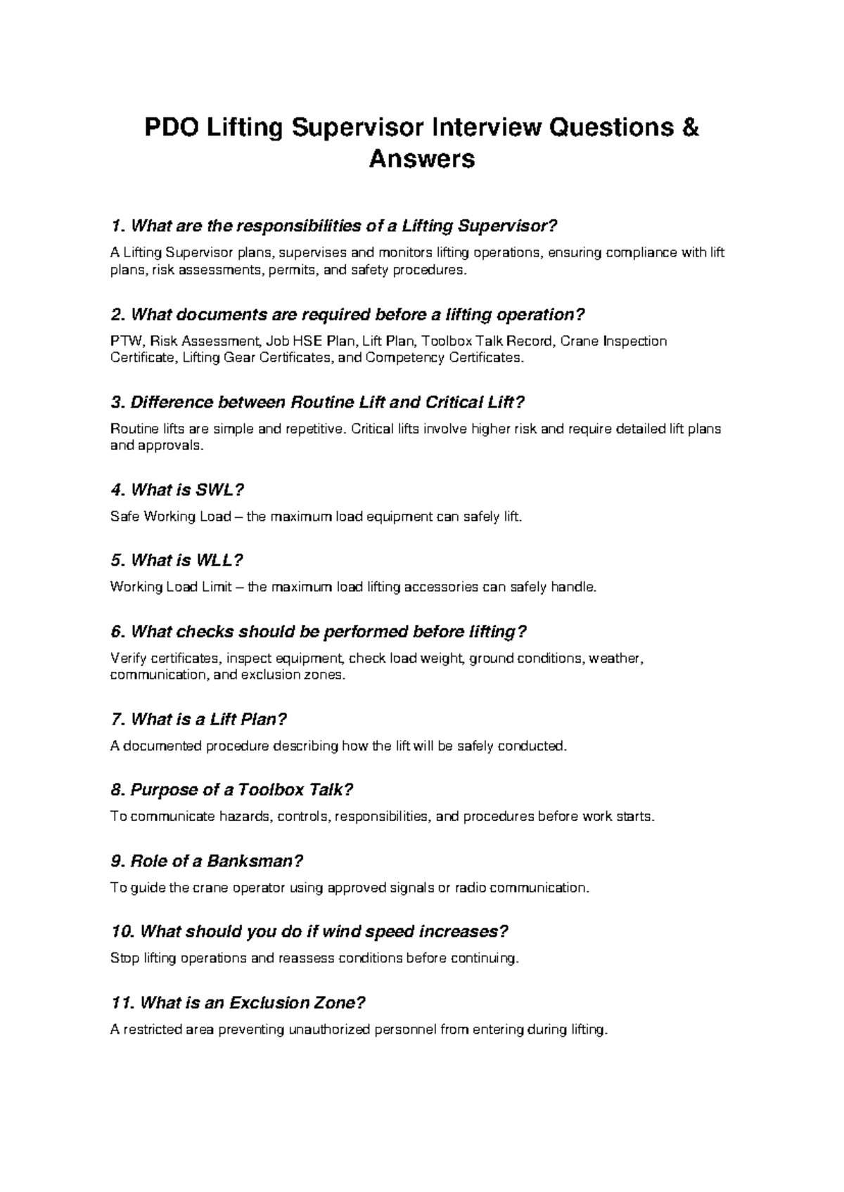 PDO Lifting Supervisor Interview Q&A: Key Responsibilities & Safety ...