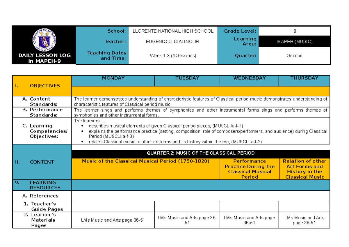Q2 DLL Music 9 WEEK 1-3 - Daily Lesson Log for MAPEH - Studocu