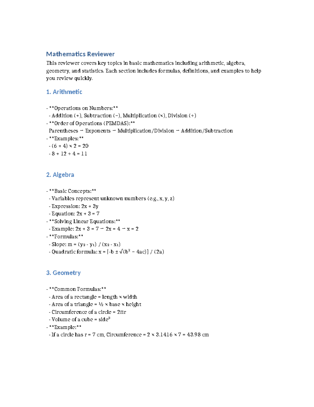 Mathematics Reviewer: Key Topics in Math Concepts and Formulas - Studocu