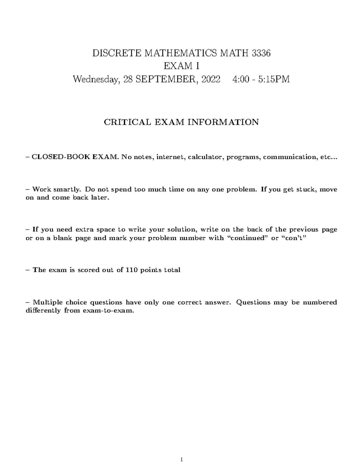 22 8 MATH 3336 EXAM I - Critical Information and Questions - Studocu