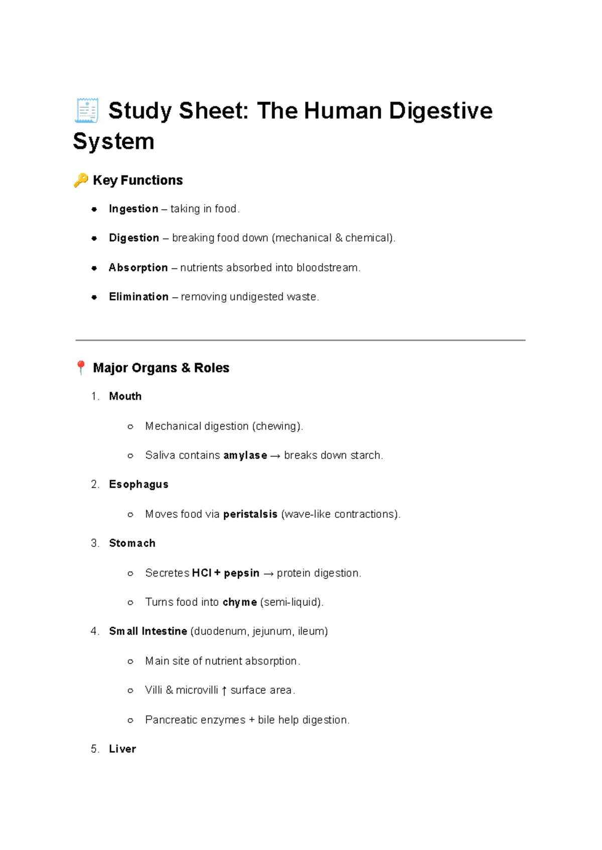 Study Sheet: Key Functions of the Human Digestive System - Studocu