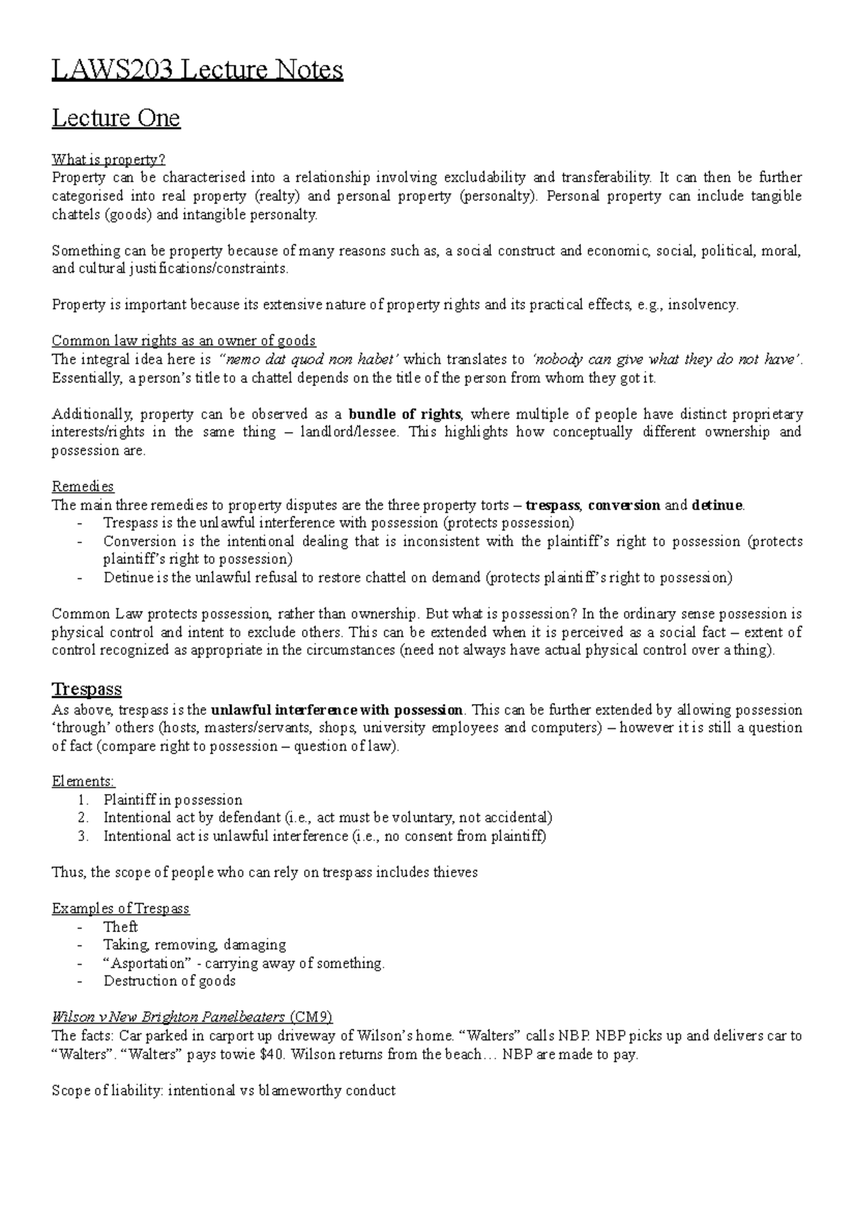 LAWS203 Lecture Notes: Property Law Concepts and Torts Overview - Studocu