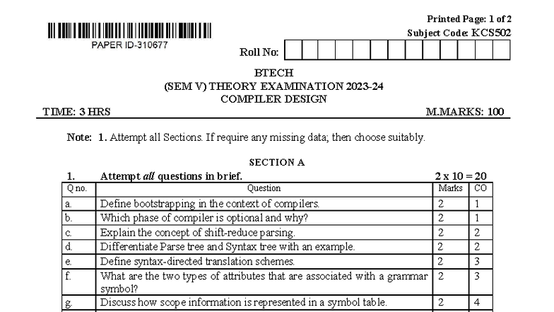 KCS502 - Compiler Design Theory Exam Notes - Studocu