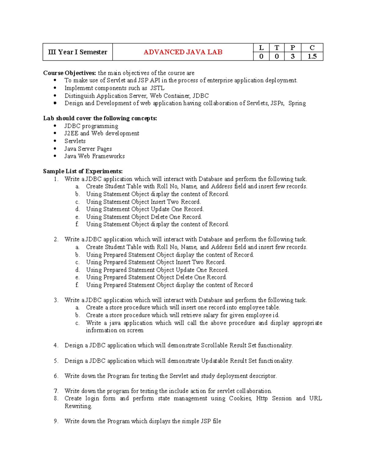 Advanced Java Lab Syllabus (Year I Semester) - Course Objectives ...