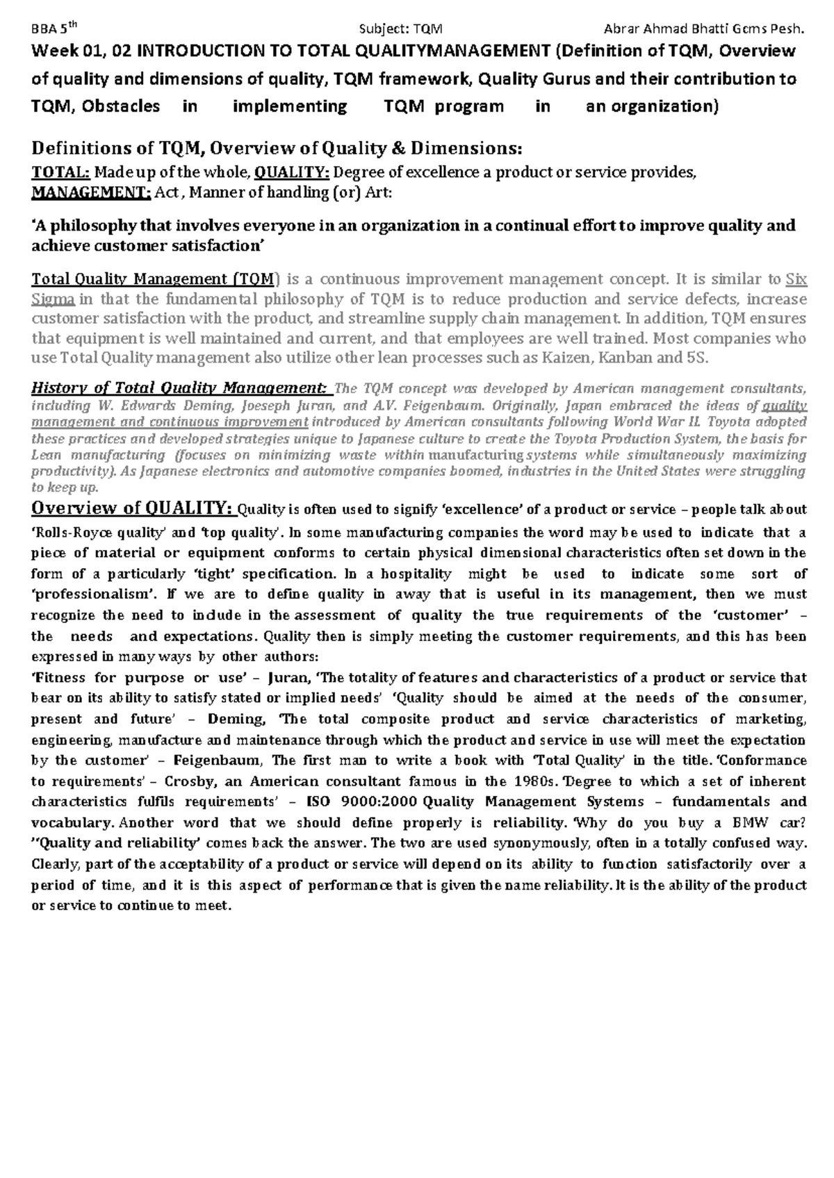 BBA 5th Subject: TQM - Comprehensive Notes on Total Quality Management ...