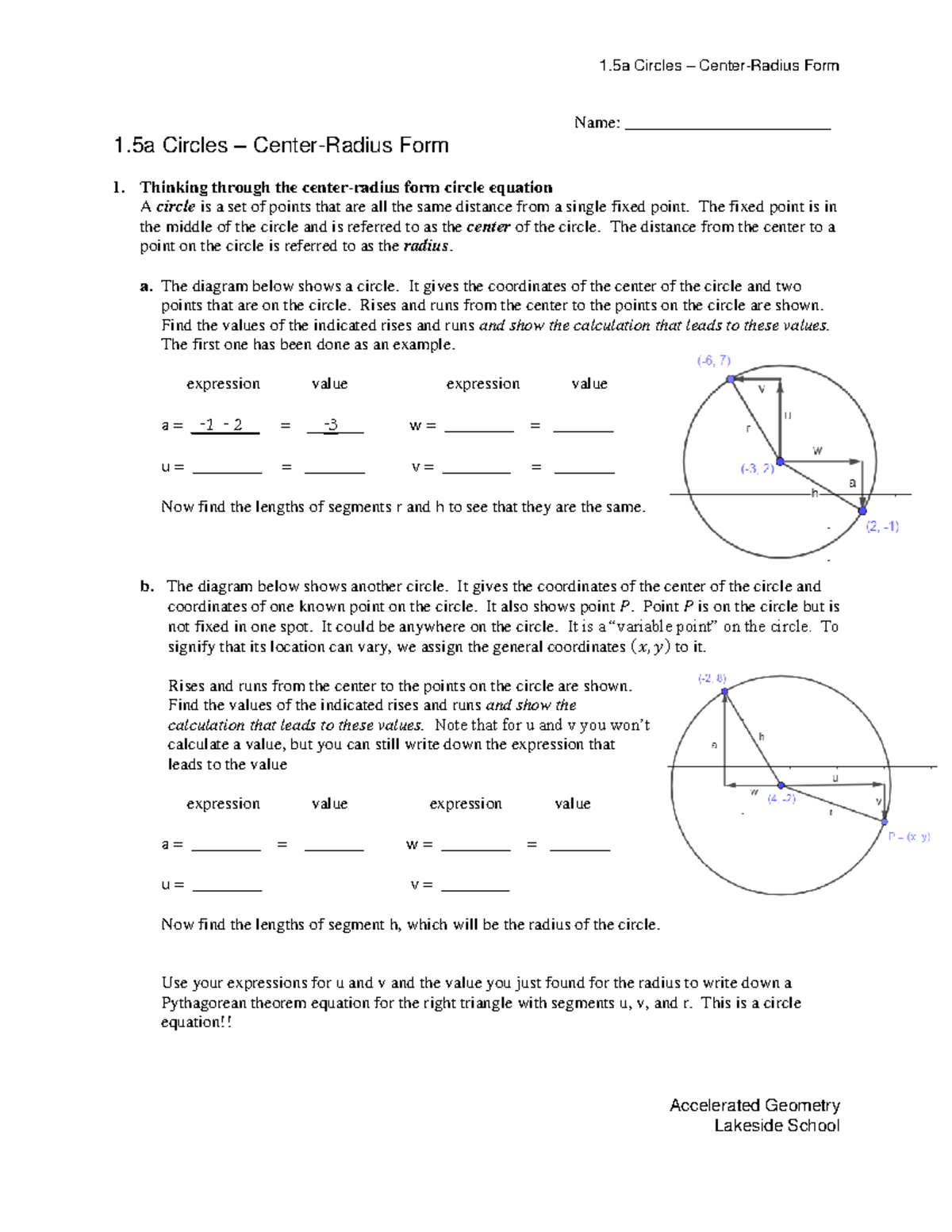 Accelerated Geometry: Circles & Center-Radius Form Notes (1.5a) - Studocu