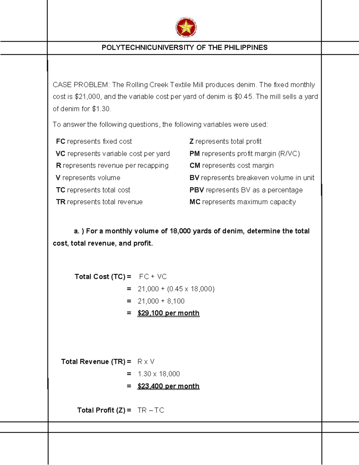 PUP Case Study: Rolling Creek Textile Mill Profitability Analysis - Studocu